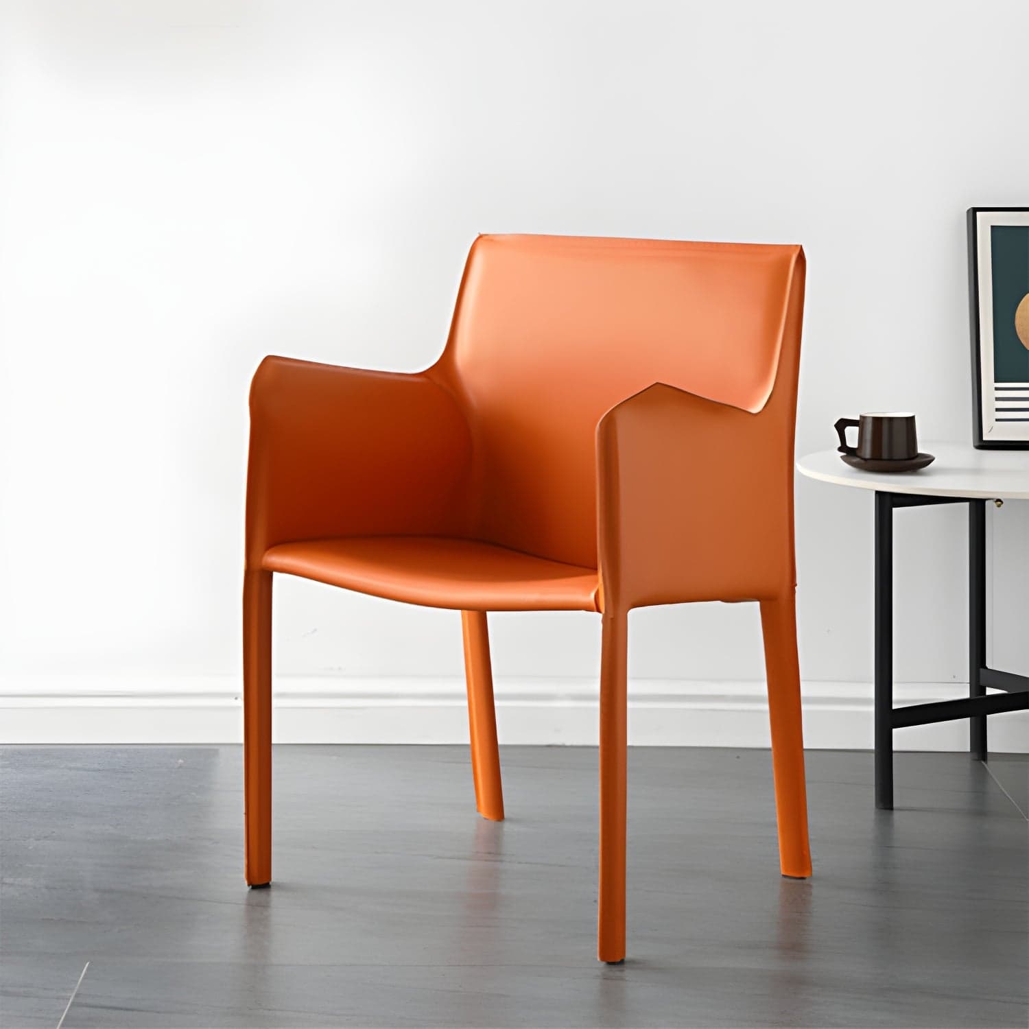 Designer Style Home Saddle Leather Arm Chair Matte Finish Solid Back Single Dining Chair thumbnail 5