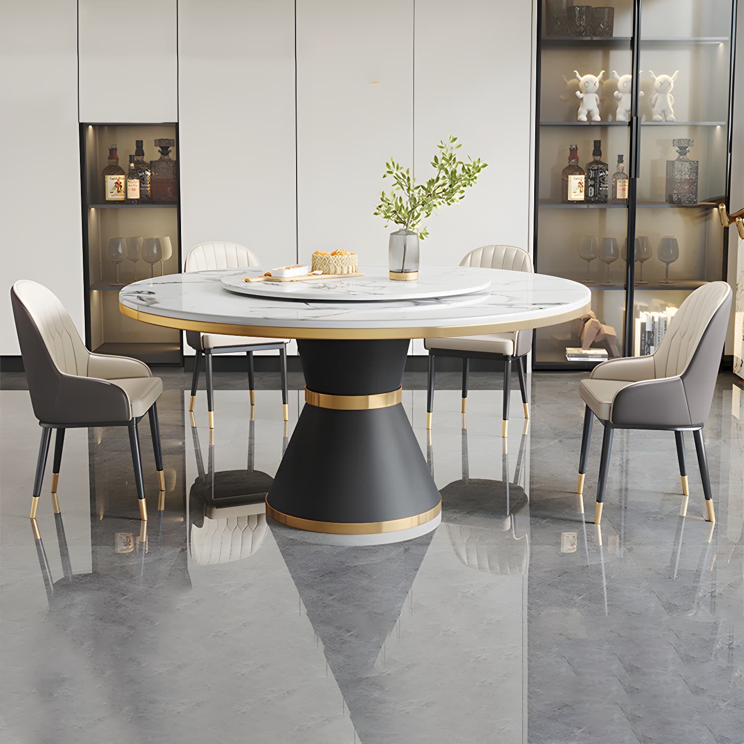Modern Dining Set 1/5/7 Pcs Round Marble Dining Table and Upholstered Chairs thumbnail 2