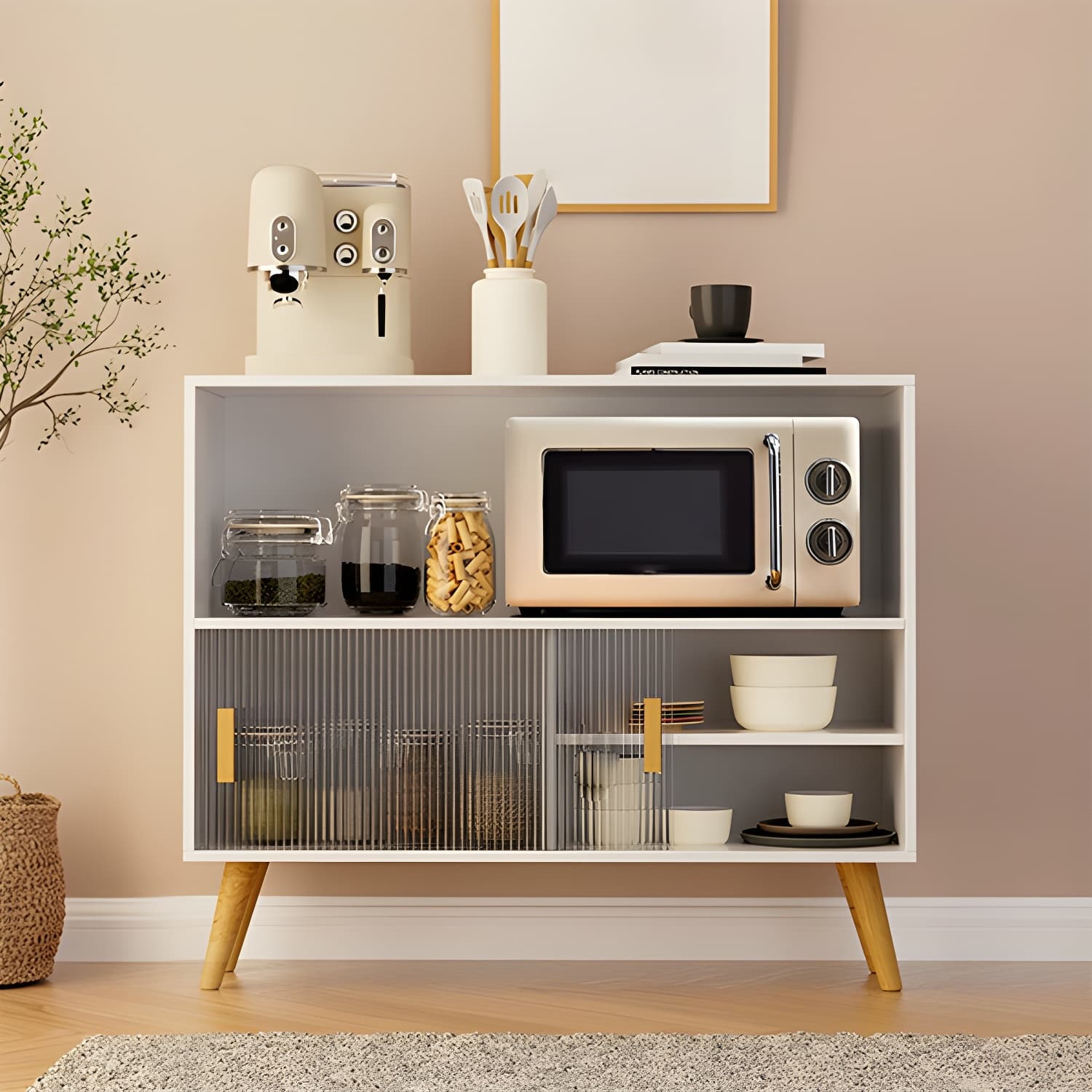 Scandinavian Wood Buffet Table with Acrylic Sliding Doors and Cabinet thumbnail 10
