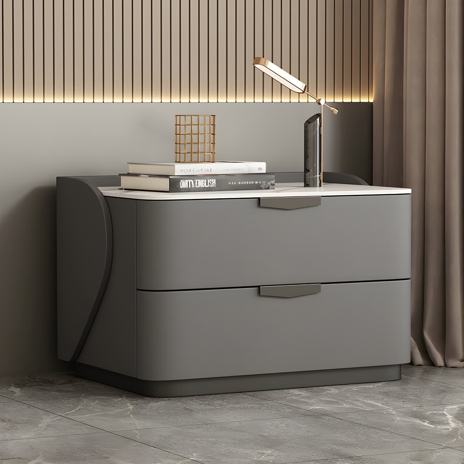 Modern Faux Leather Nightstand with Two Drawers in Light Wood thumbnail 3