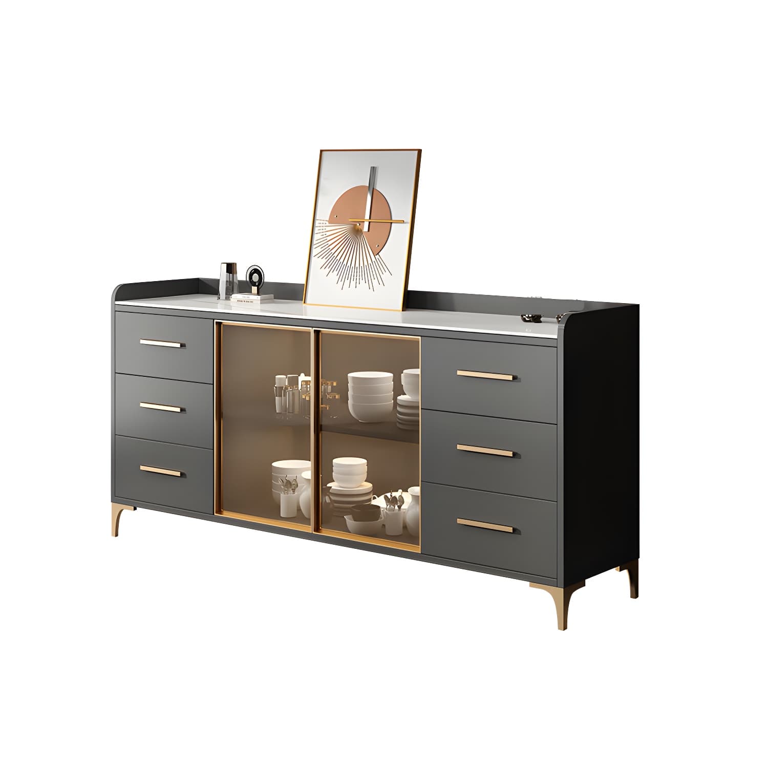 Glam Style Sideboard Wood Glass Doors Side Board with Cabinets and Drawers without Light thumbnail 11
