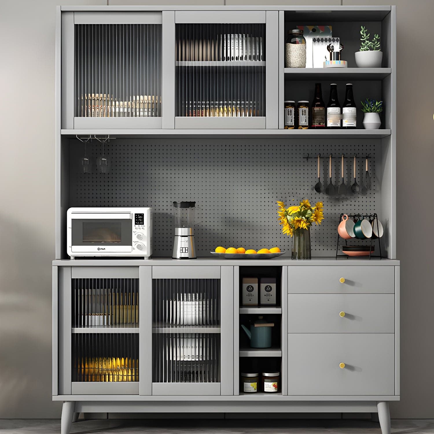 Modern Style Solid Wood Storage Sideboard Cabinet with Glass Doors and Drawers thumbnail 2