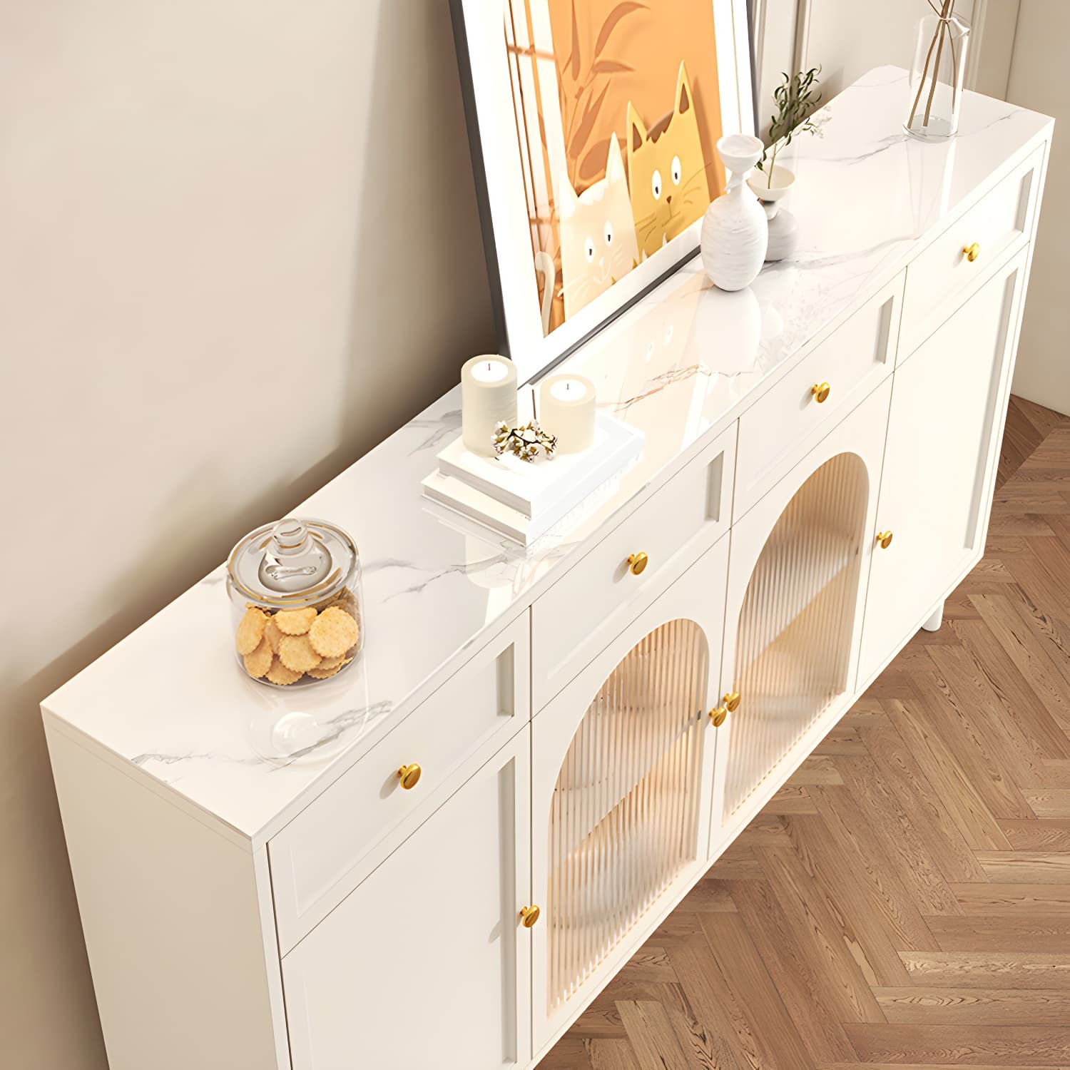 Wooden Buffet Server with Stone Countertop, Glass Doors, and Drawers thumbnail 9
