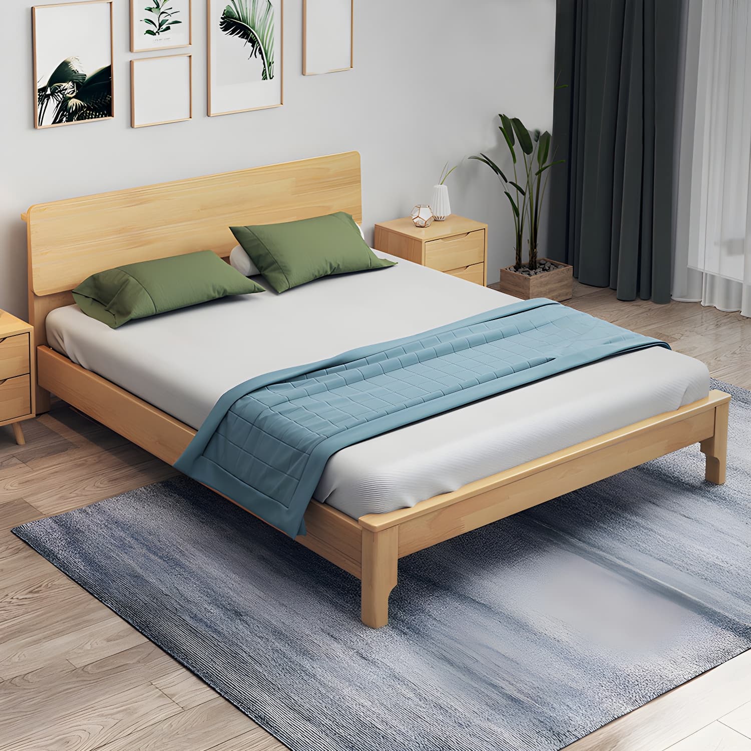 Scandinavian Solid Wood Bed with Rectangle Headboard and 4 Legs thumbnail 3