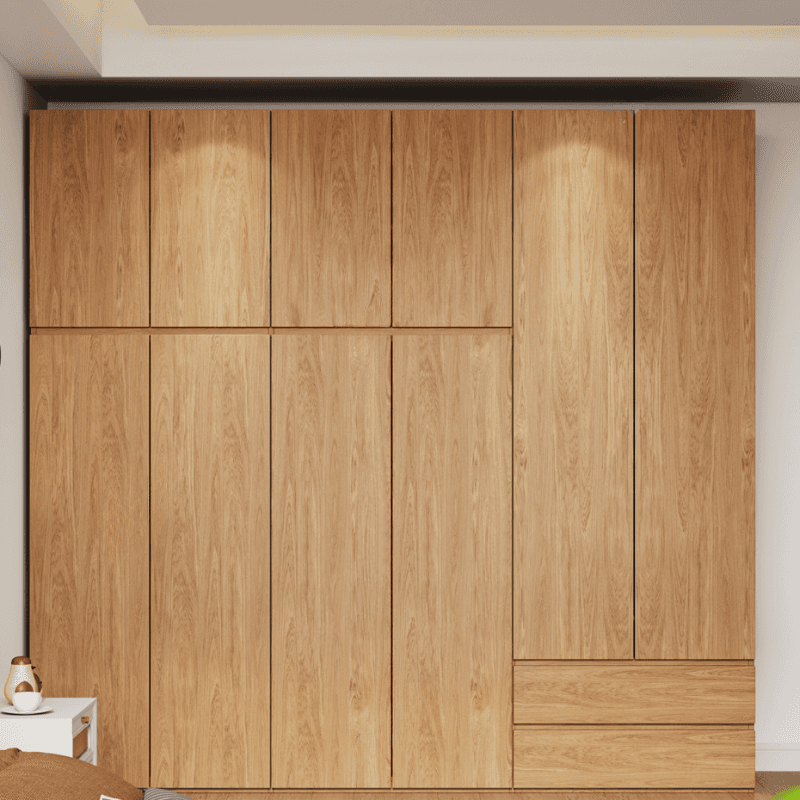 Wood Grain Minimalist Manufactured Wood Wardrobe Closet with 2 Drawers, Soft Close Door, Interior Shelves, and Clothing Rod thumbnail 1