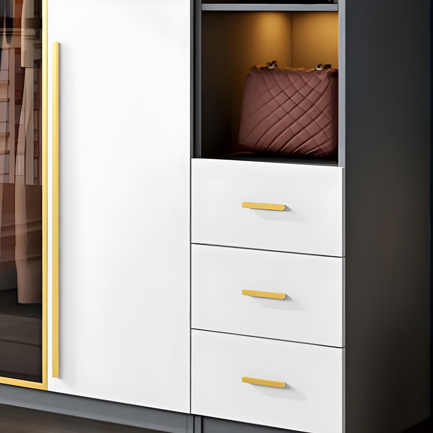 Contemporary Color Block Glass Doors Combination Armoire with Shelves Storage thumbnail 6