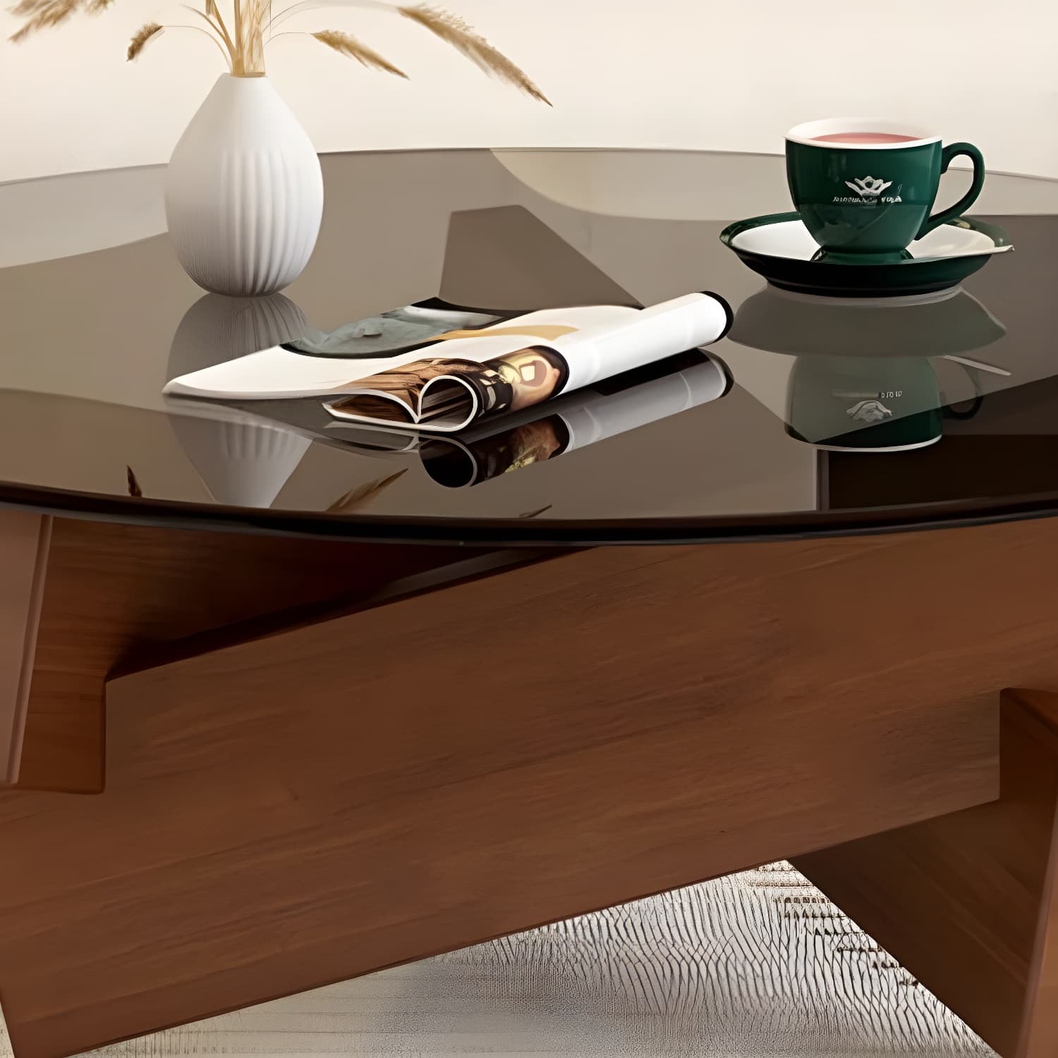 Stylish Round Glass Coffee Table with Tempered Top and Abstract Wood Base thumbnail 9