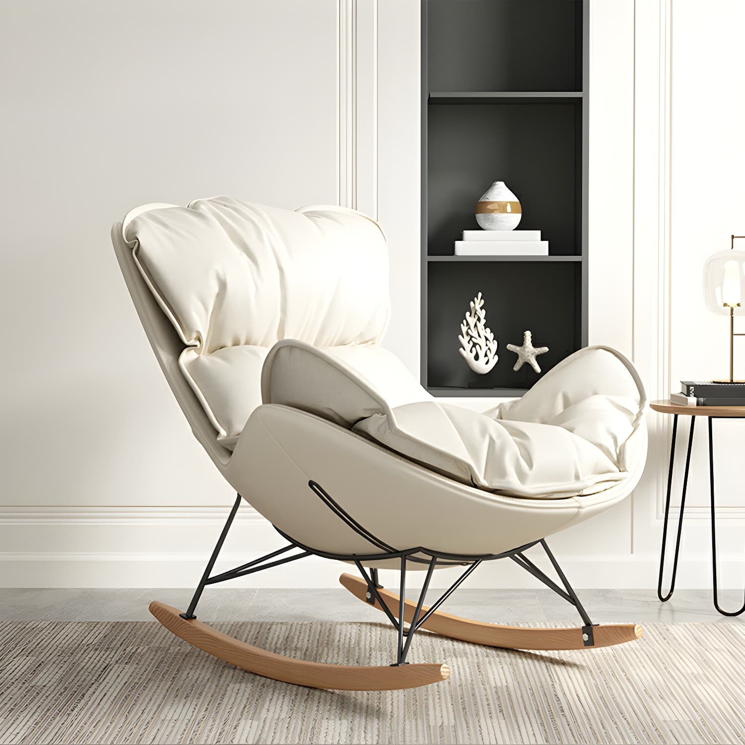 Modern Metal Rocking Chair with Upholstered Seat - Brown Legs, Removable Cushions thumbnail 8