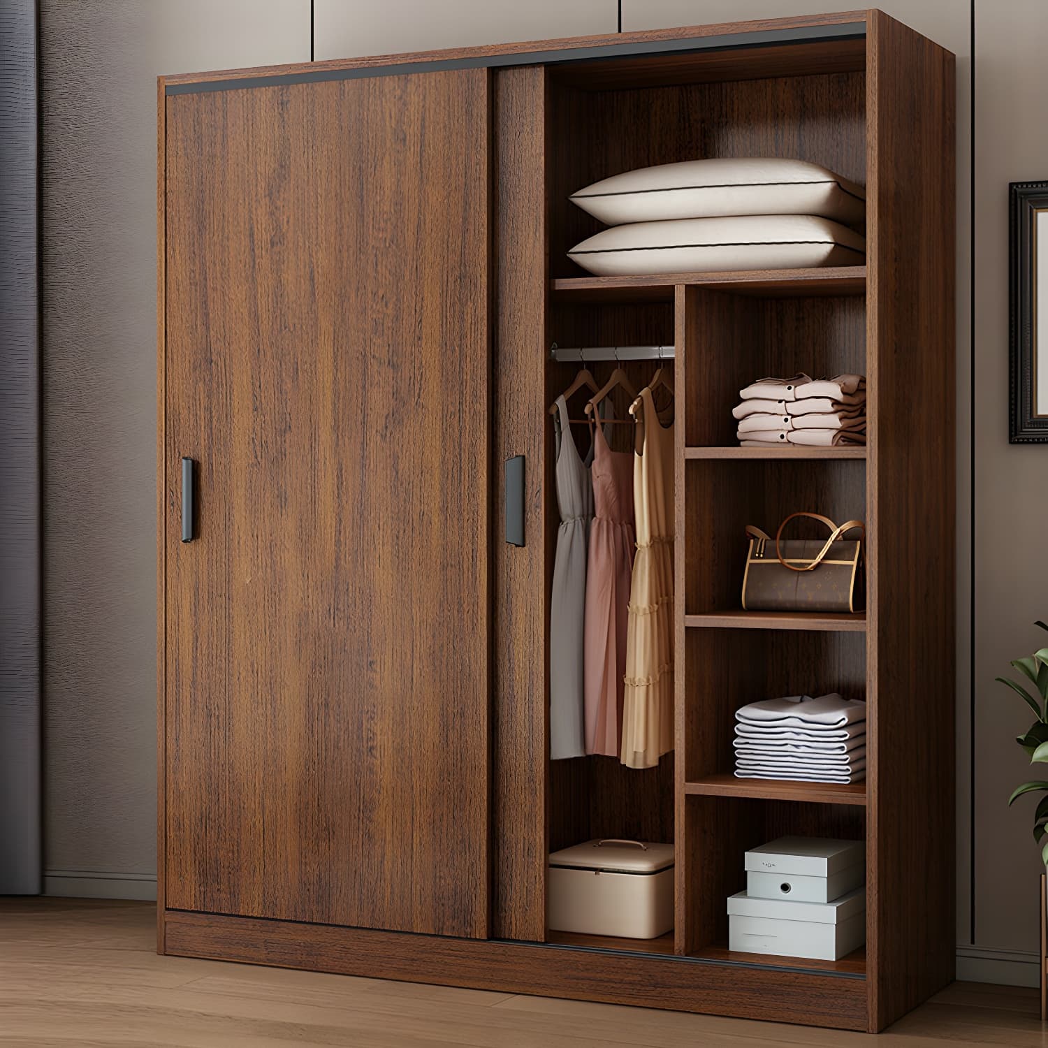 Contemporary Brown Wood Wardrobe Armoire with Clothing Rod & Shelves thumbnail 3