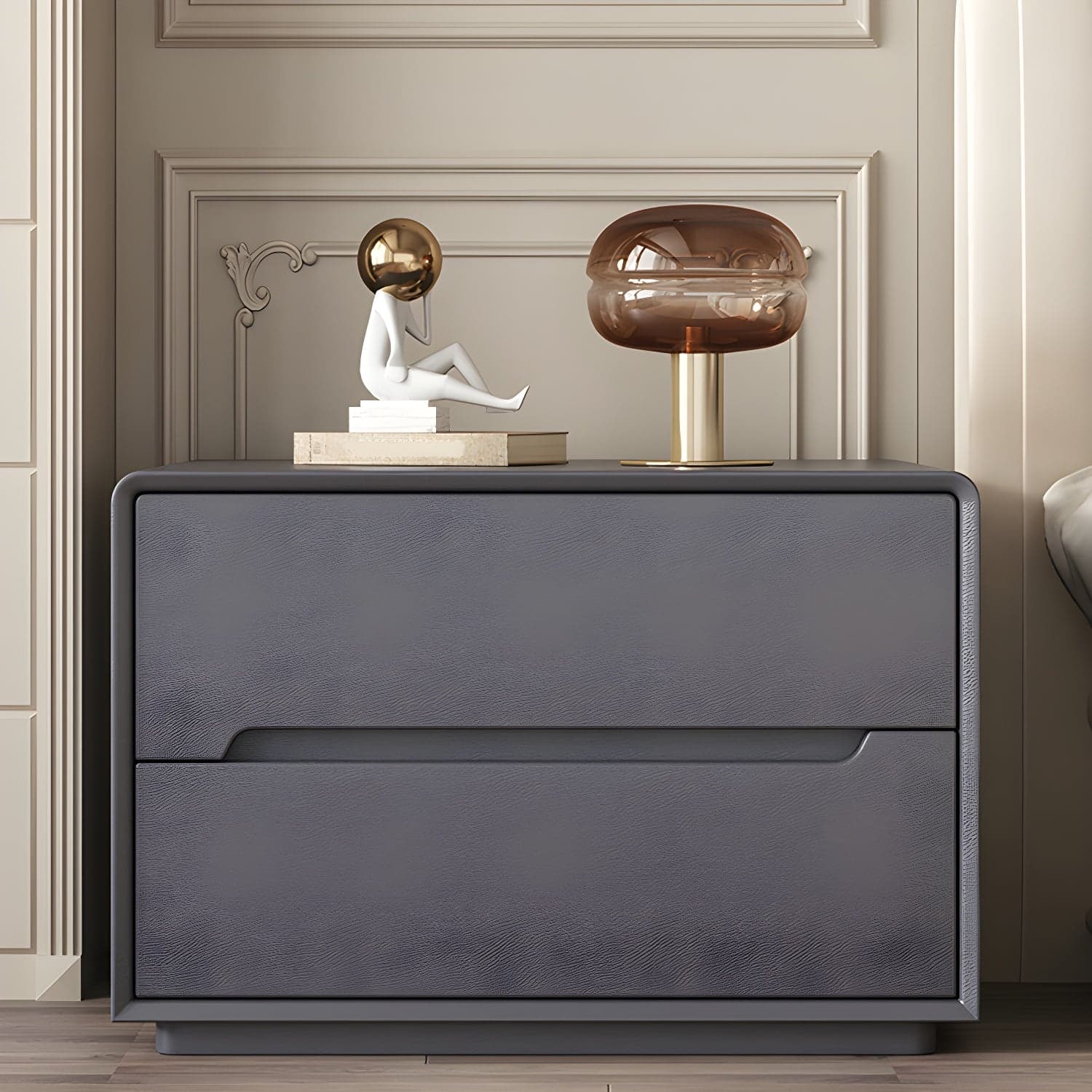 Modern Faux Leather Nightstand with 2 Drawers & No Distressing - Light Wood Tone thumbnail 3