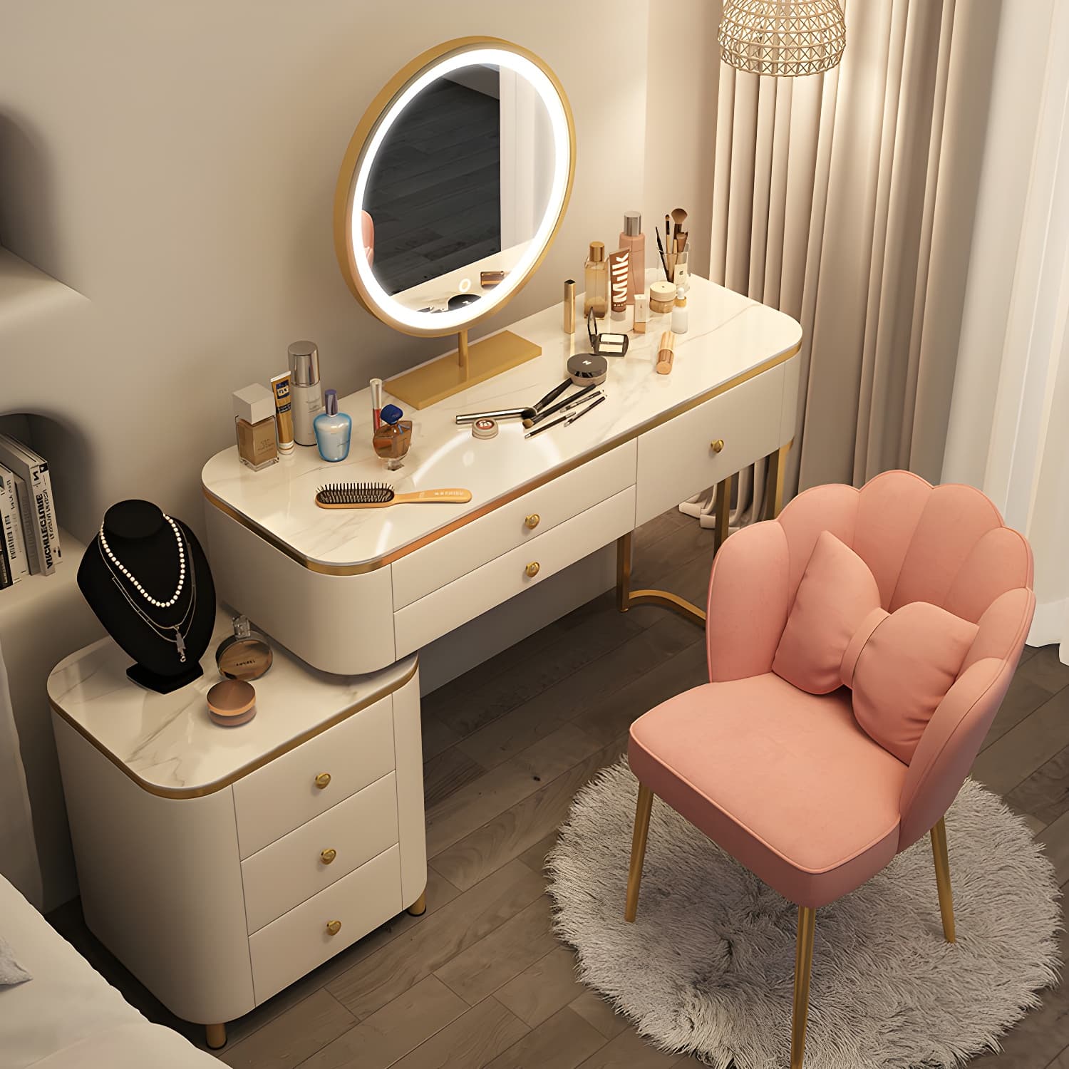 Scandinavian Wooden Vanity Desk in White Modern with Drawers Dressing Table thumbnail 5