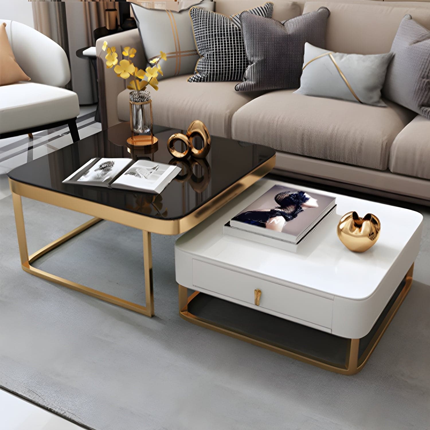 Glam Style Square Coffee Table with Drawer in Metal Frame Base thumbnail 2