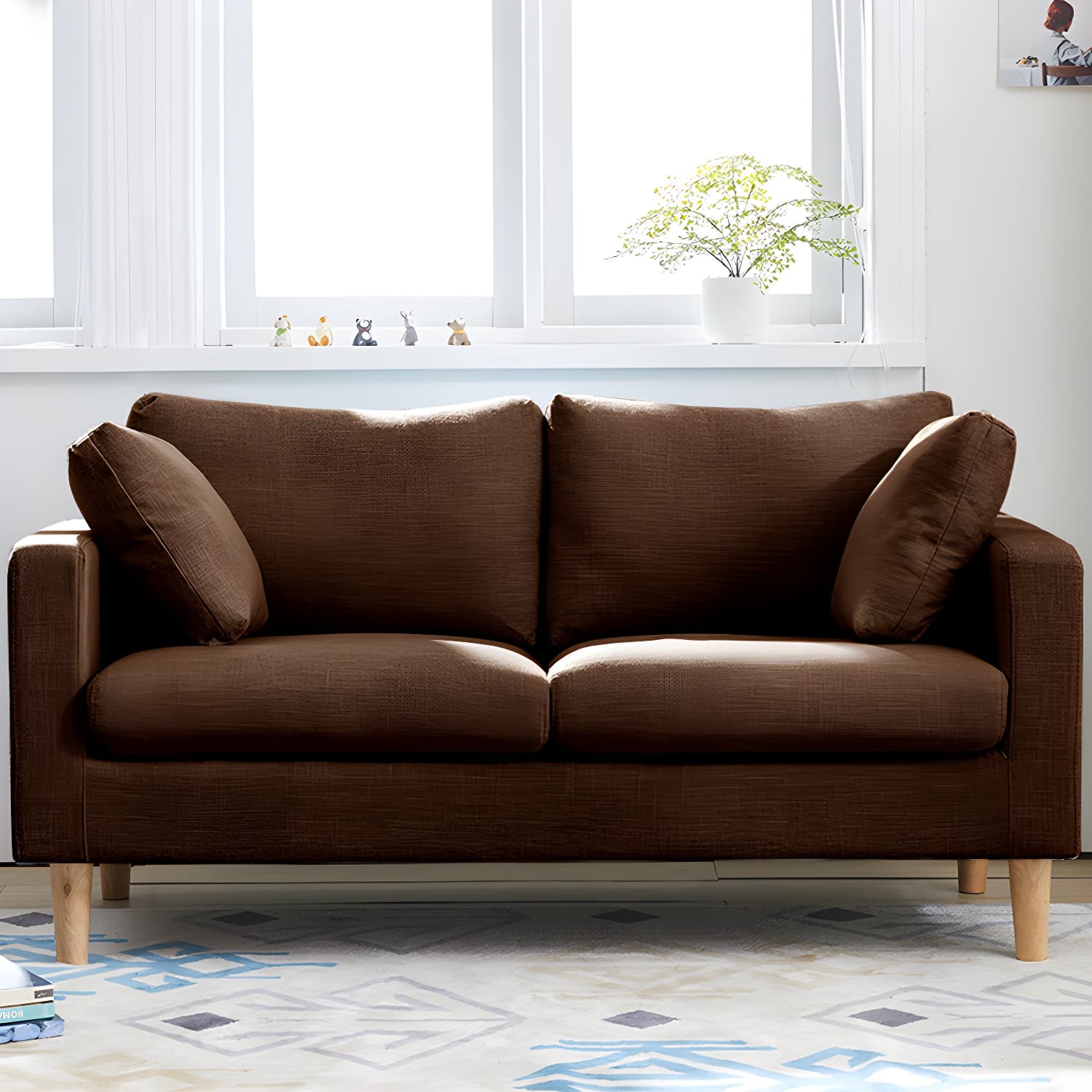 Contemporary Square Arm Couch Faux Leather Loveseat with Pillows thumbnail 4