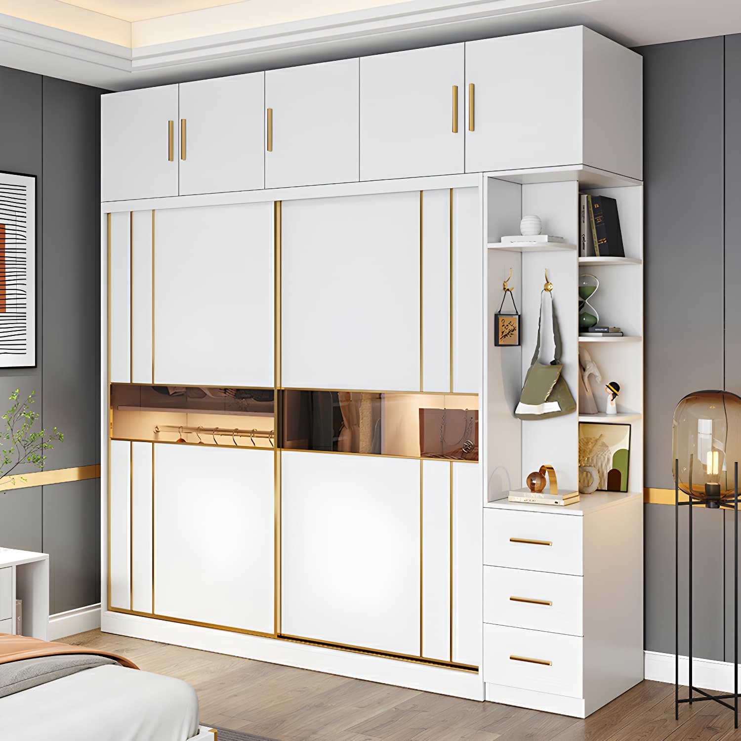 Modern White Wardrobe Armoire with Mirror, Drawers & Clothing Rod thumbnail 1