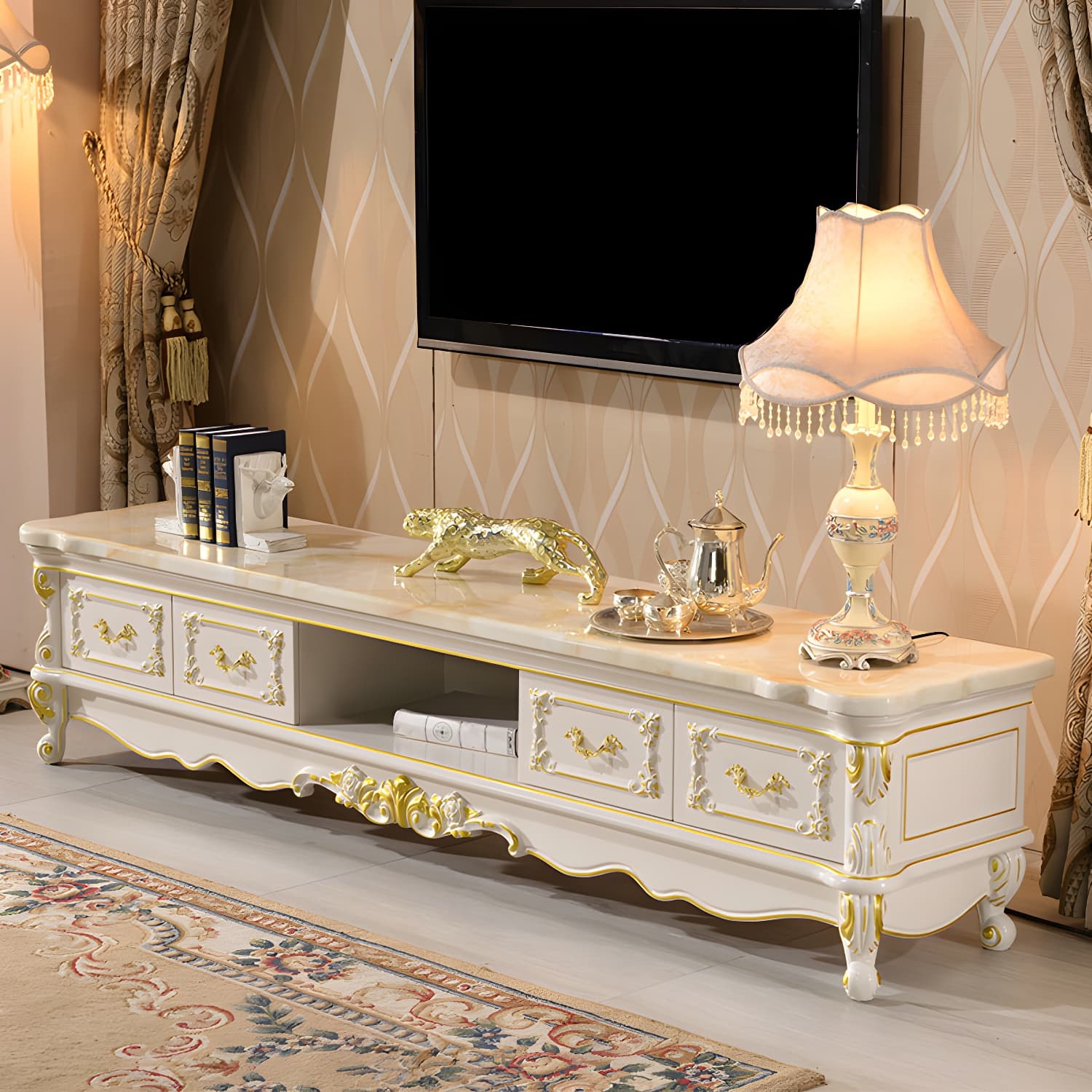 Traditional Marble Top TV Cabinet Solid Wood Crafted TV Stand for Living Room thumbnail 3