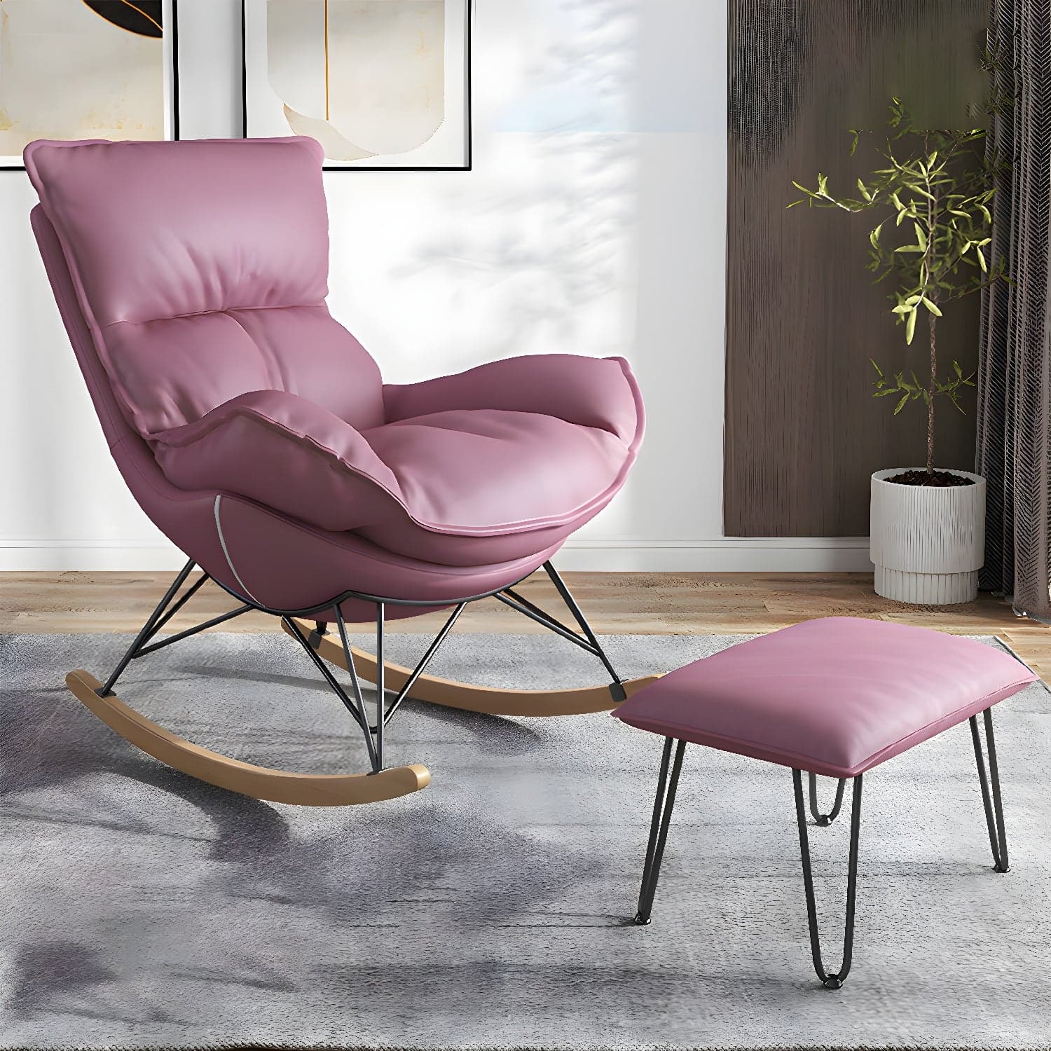 Modern Upholstered Rocking Chair and Ottoman Set - Natural Wood Legs, Stylish Design for Home Decor thumbnail 7