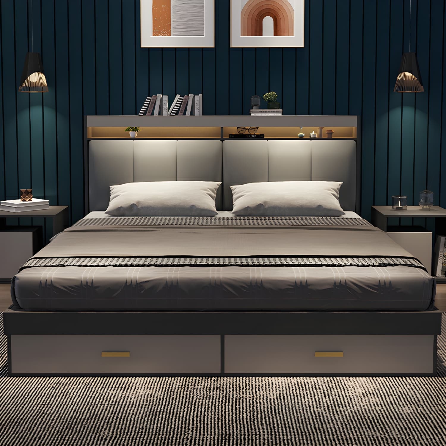 Modern Upholstered Headboard Bed with Storage and Patchwork Design thumbnail 3