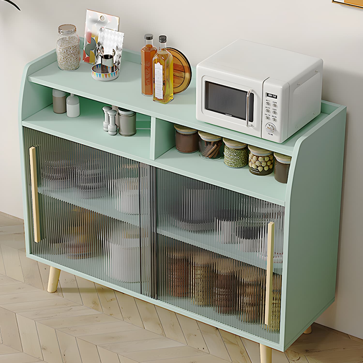 Scandinavian Wood Sideboard Credenza with Acrylic Doors and Cabinet Storage thumbnail 11