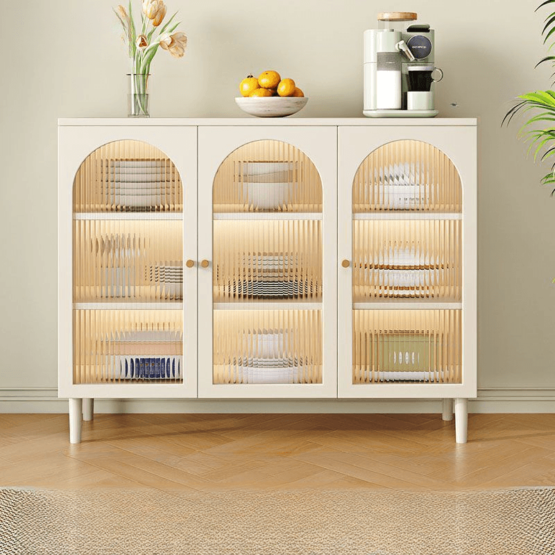 White Trendy Sideboard with 3 Drawers, Narrow/Standard Size, 3/6 Shelves, Lumber Countertop, and Glass-panel Door thumbnail 10