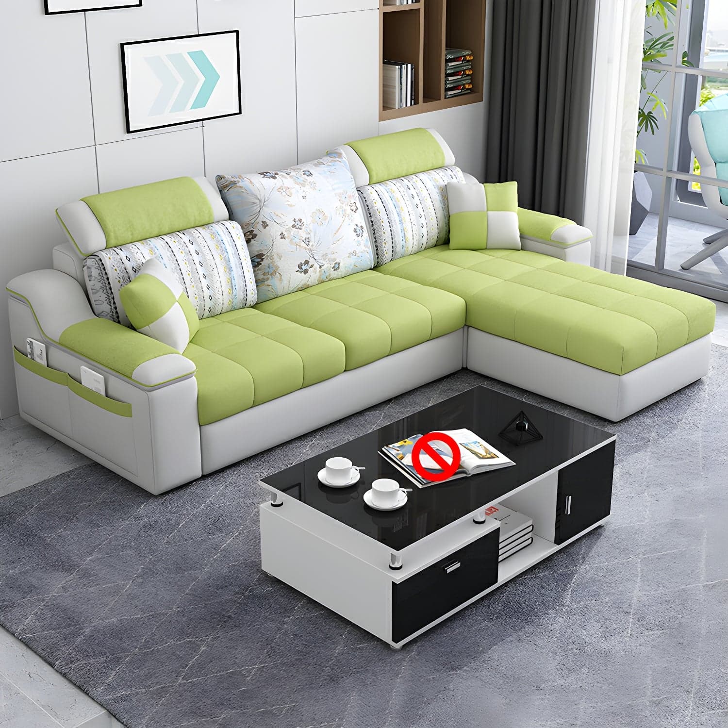 Reversible L-Shape Scandinavian Sectional Sofa with Ottoman and Adjustable Headrest in 2 Piece Set thumbnail 5