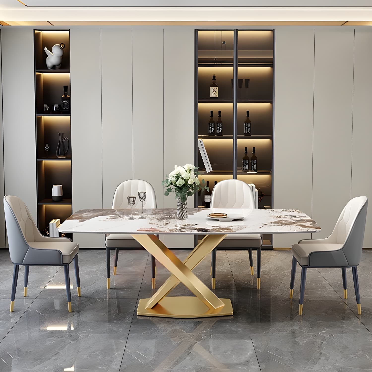 Glam Metal Dining Set in Beige with Gold Pedestal Base and Slate Tabletop - 1/5/7 Piece Set thumbnail 4