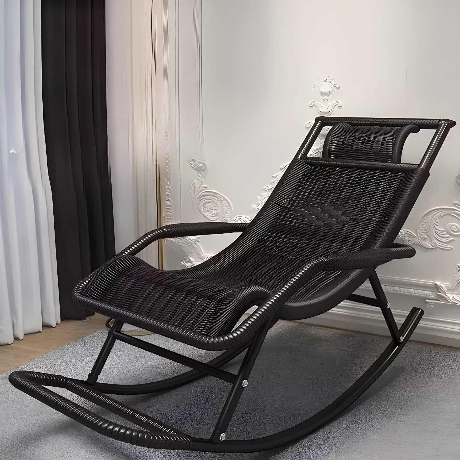 Traditional Black Metal Frame Rocking Chair with Spindle Back and High Weight Capacity thumbnail 15