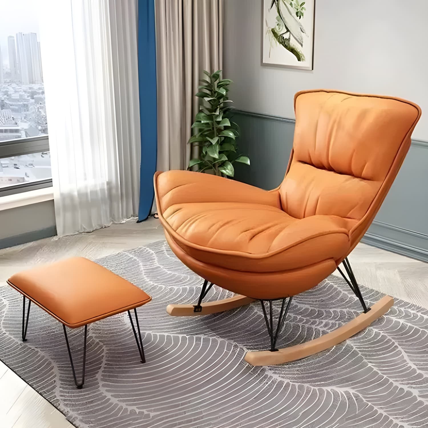 Modern Plain Rocking Chair Faux Leather Water Resistant Chair with Ottoman - image 6