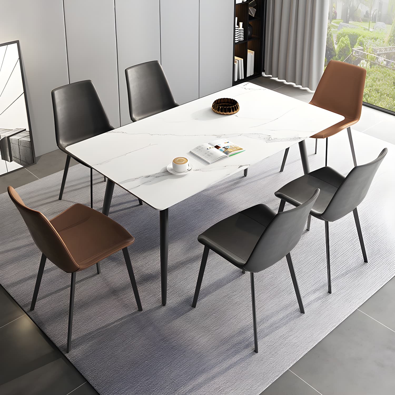 Stone Top Dining Table Rectangle Modern Dining Table with 4 Black Legs thumbnail 5