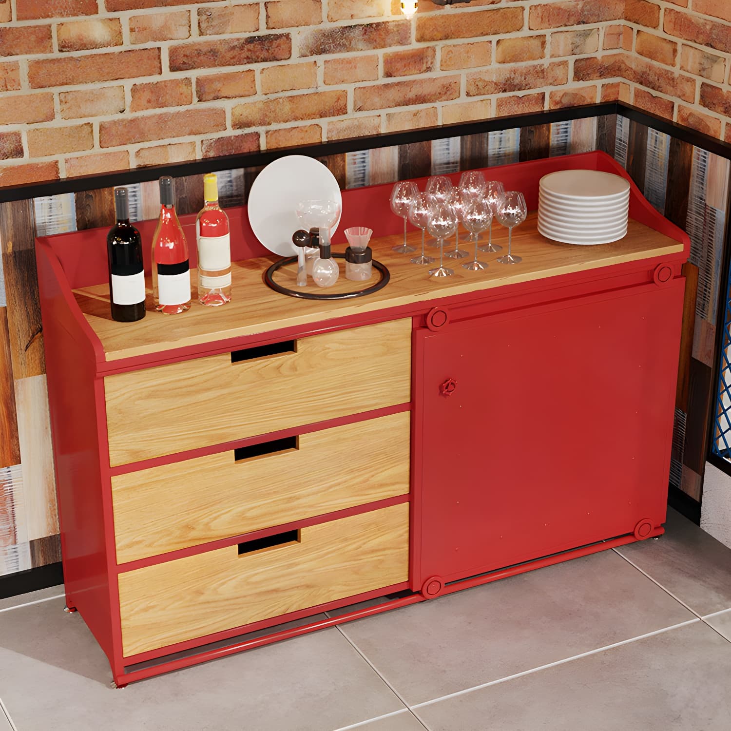 Industrial Metal Sideboard with Drawers, Cabinets, and Open Storage - 3 Drawers, 1 Interior Shelf thumbnail 3