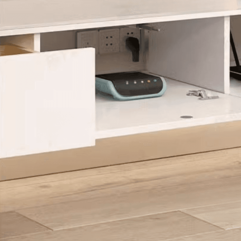 White Wall Hung Art Deco TV Stand with 2 Drawers, 2 Cabinets, and Cable Management thumbnail 5