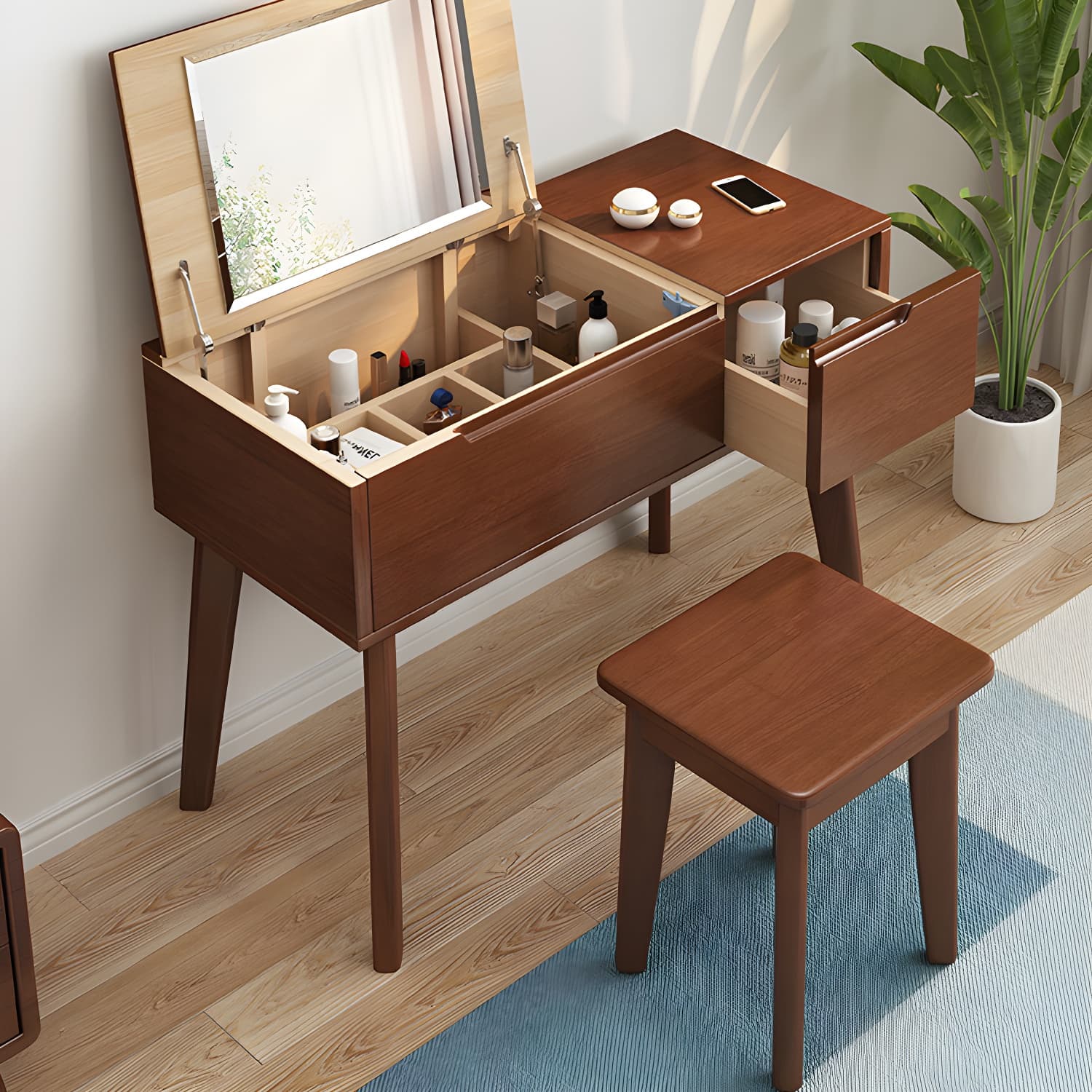 Scandinavian 29.52" Height Solid Wood Table Makeup Vanity with Mirror thumbnail 4