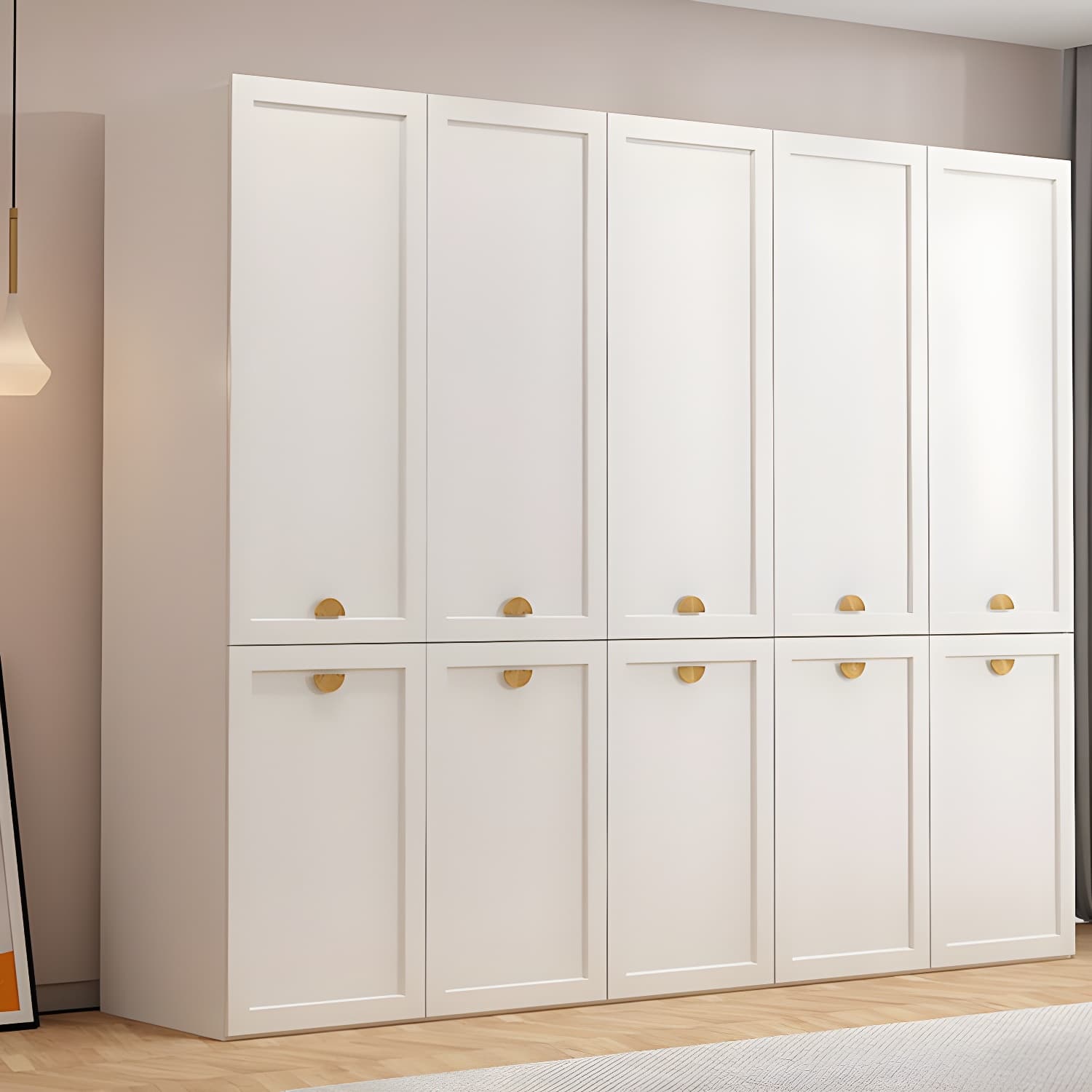 Modern Solid Color Shelves Hinged Doors Cloth Rod Included Cabinet in Beige thumbnail 2