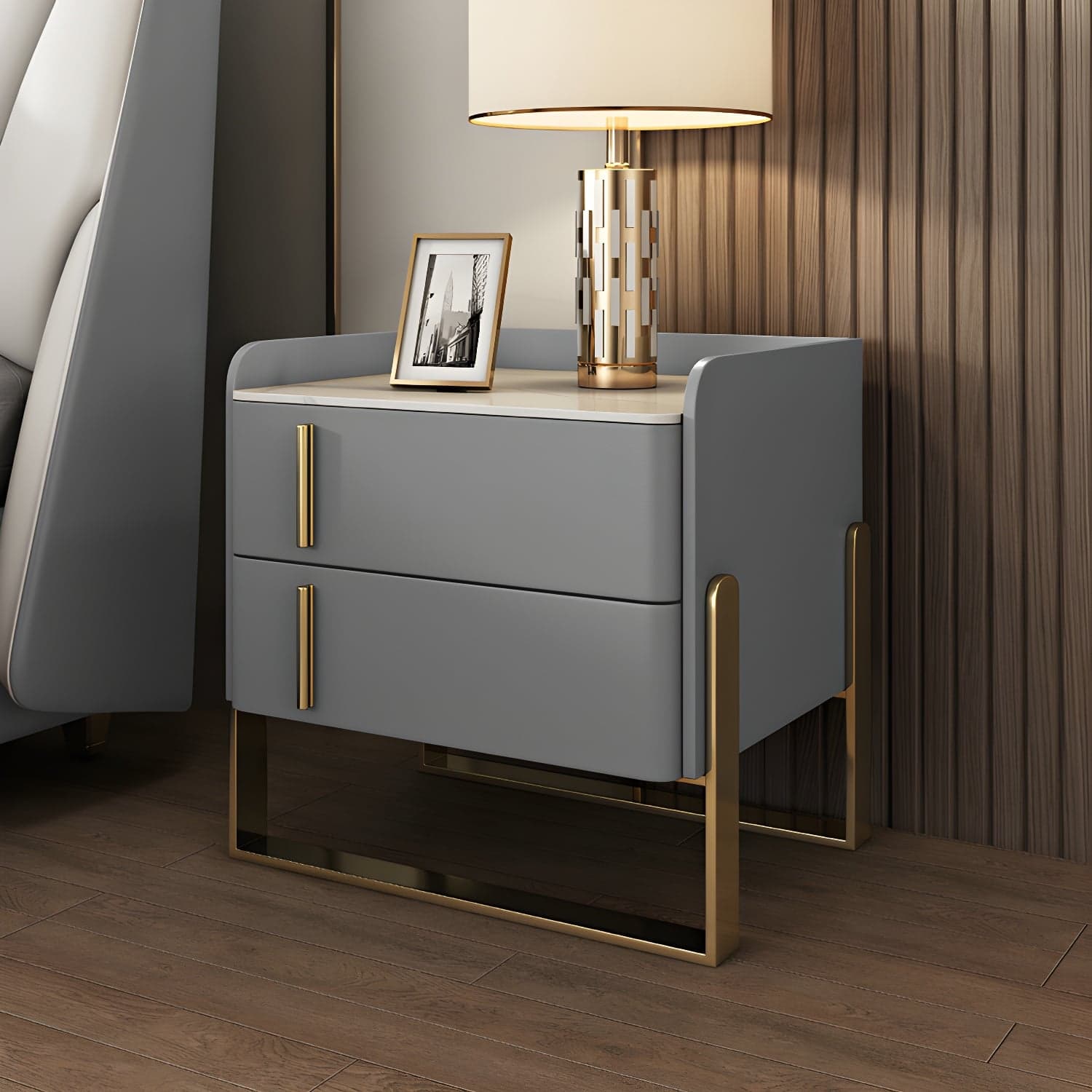 Glam Nightstand with 2 Drawer 20-inch Tall Leather Night Table thumbnail 14