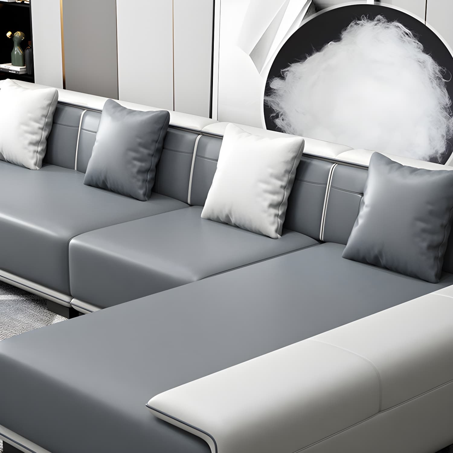 Faux Leather Sofa & Chaise with Pillows Modern U Sofa in Gray - 29.53" H thumbnail 15