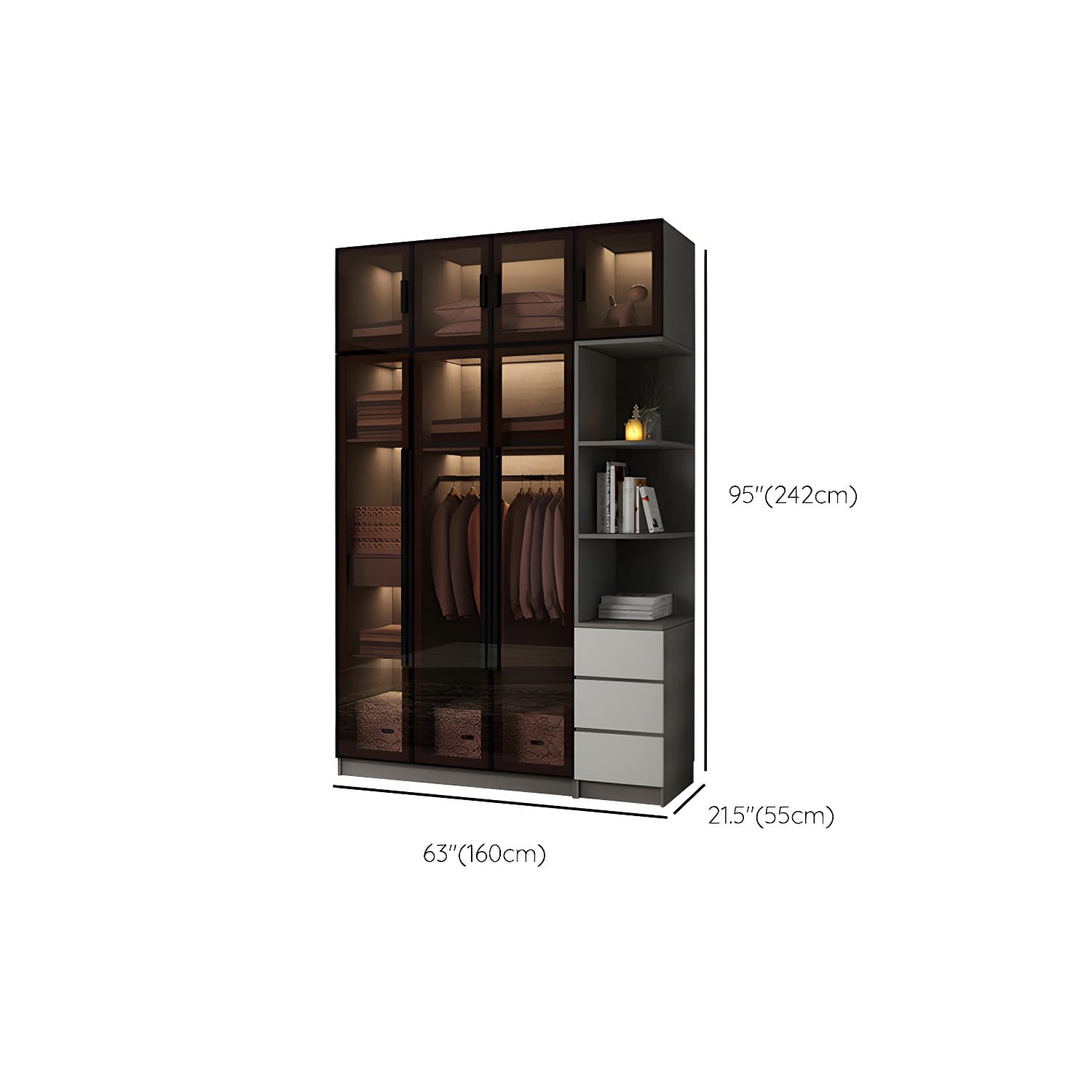 Modern Glass Hinged Doors Wardrobe Armoire Wood Frame Wardrobe with Shelves without Light thumbnail 31