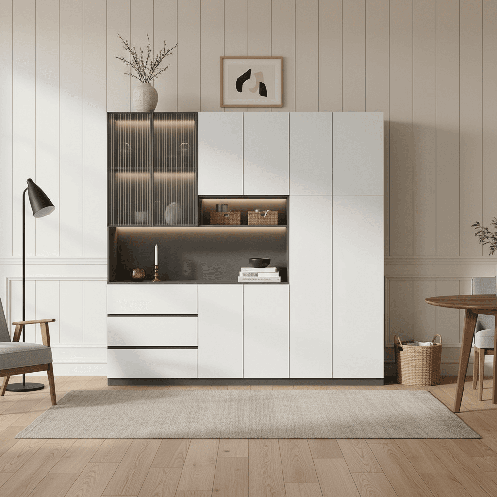Trendy Sideboard with 3 Drawers, Cupboard, Wide/Standard/Narrow Sizes, 2/1 Shelves, Cabinets, and Glass-panel Door thumbnail 25