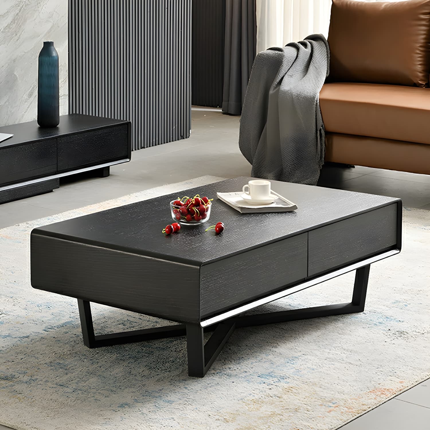 Rectangular Wood Modern Coffee Table with Black Metal Cross Legs and Storage Drawers thumbnail 17