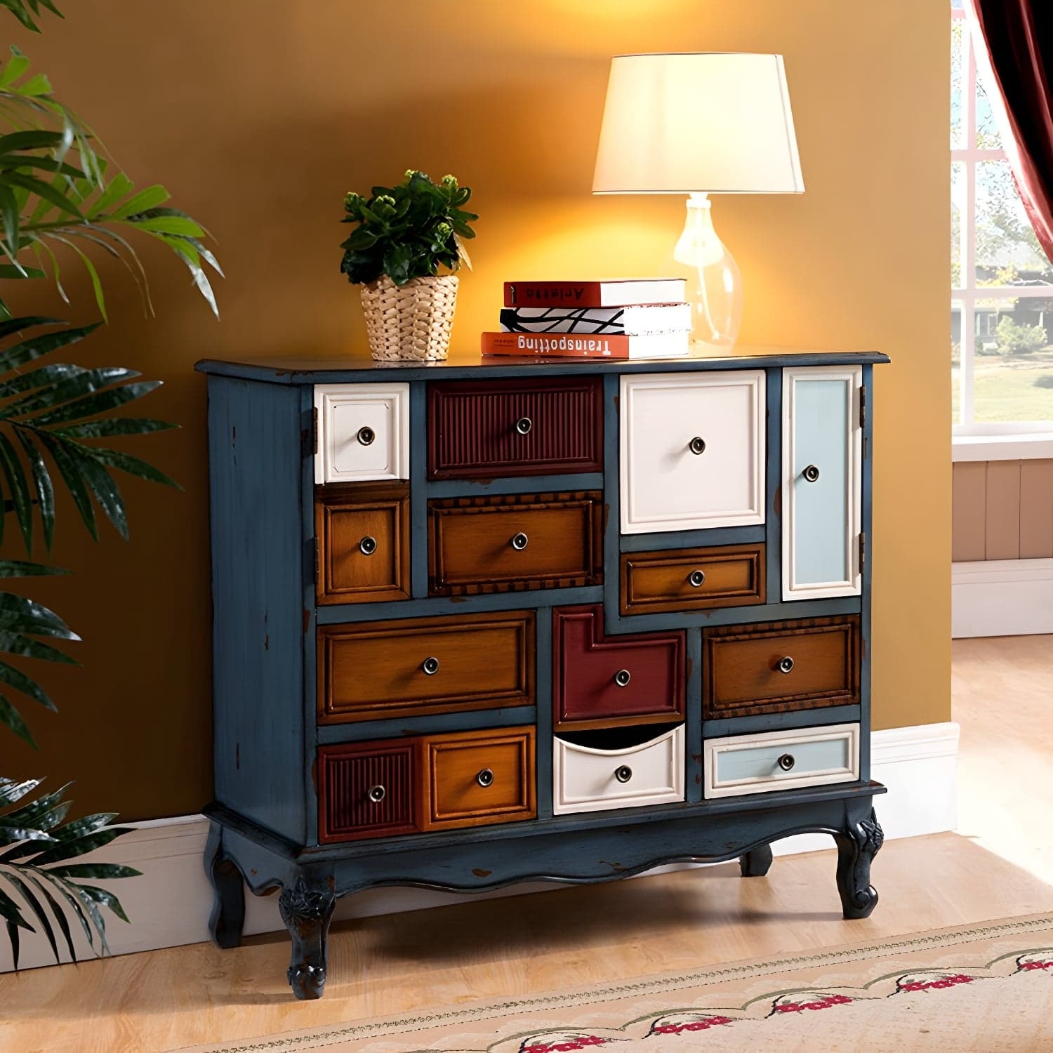 Industrial Painted Accent Cabinet with Drawers Solid Wood Chest thumbnail 5