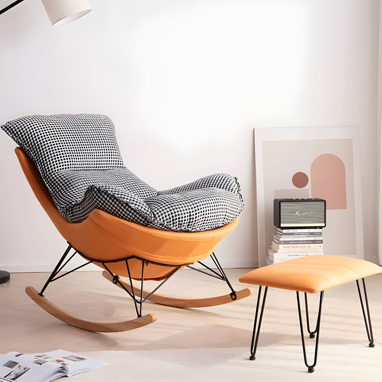 Modern Upholstered Rocking Chair with Ottoman Set - Natural Wood Legs thumbnail 11
