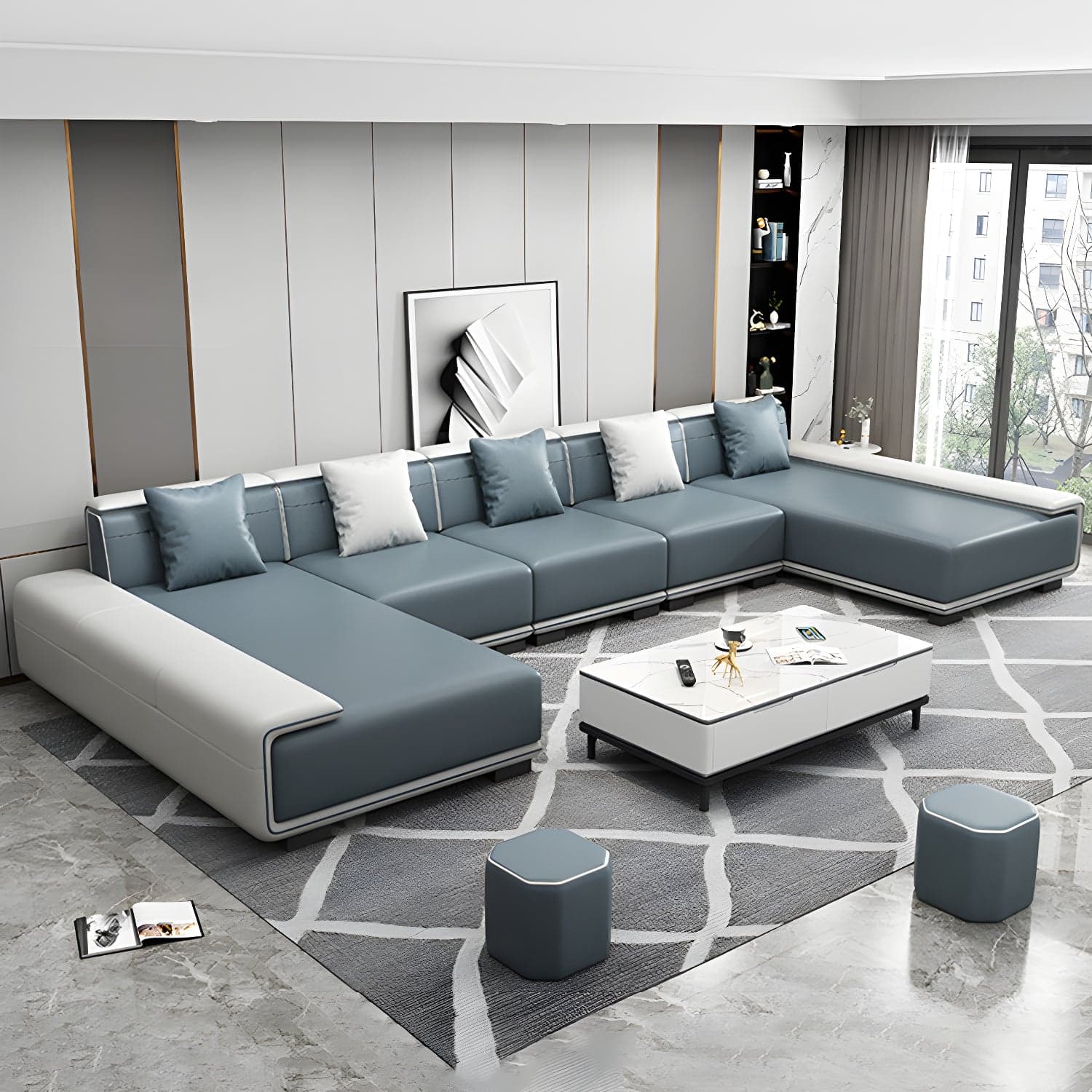 Faux Leather Sofa & Chaise with Pillows Modern U Sofa in Gray - 29.53" H