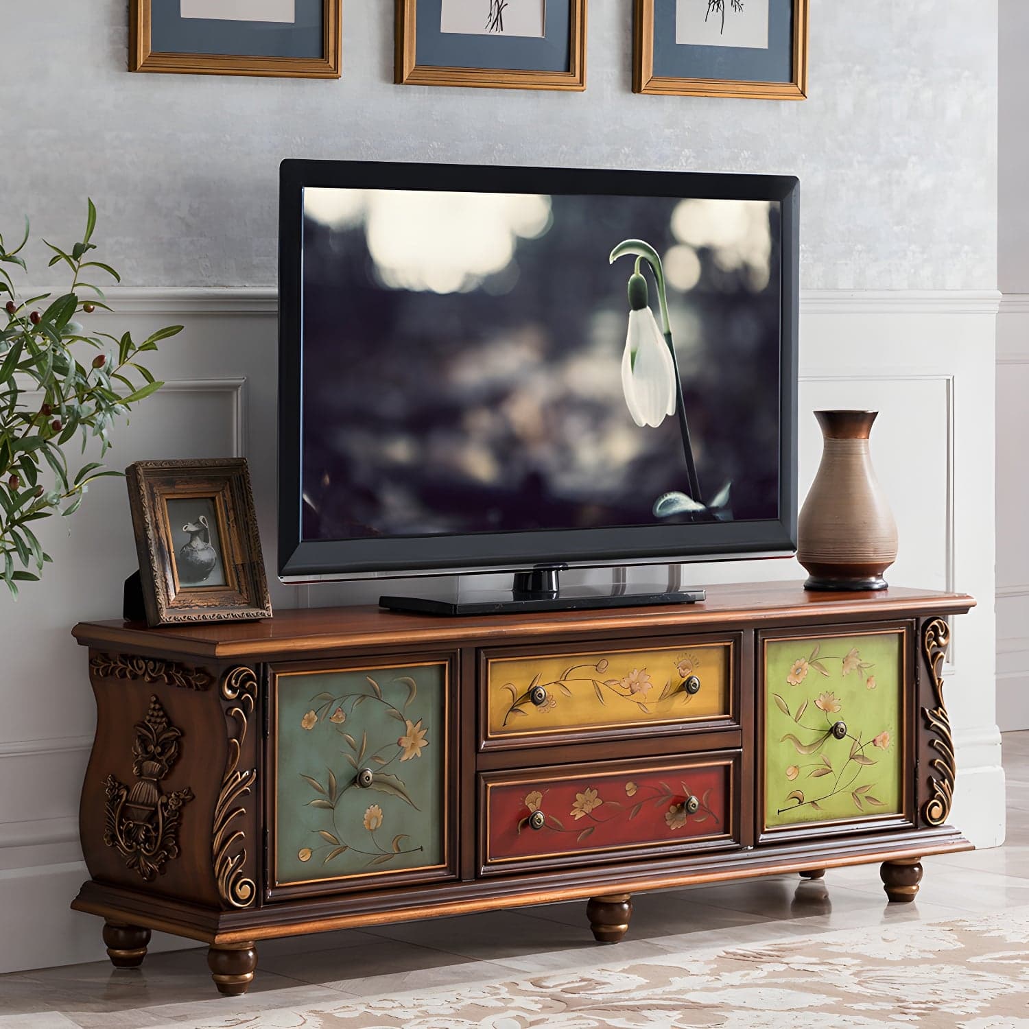 Traditional Rubberwood Media Console Matte Finish TV Media Stand with Drawers thumbnail 2