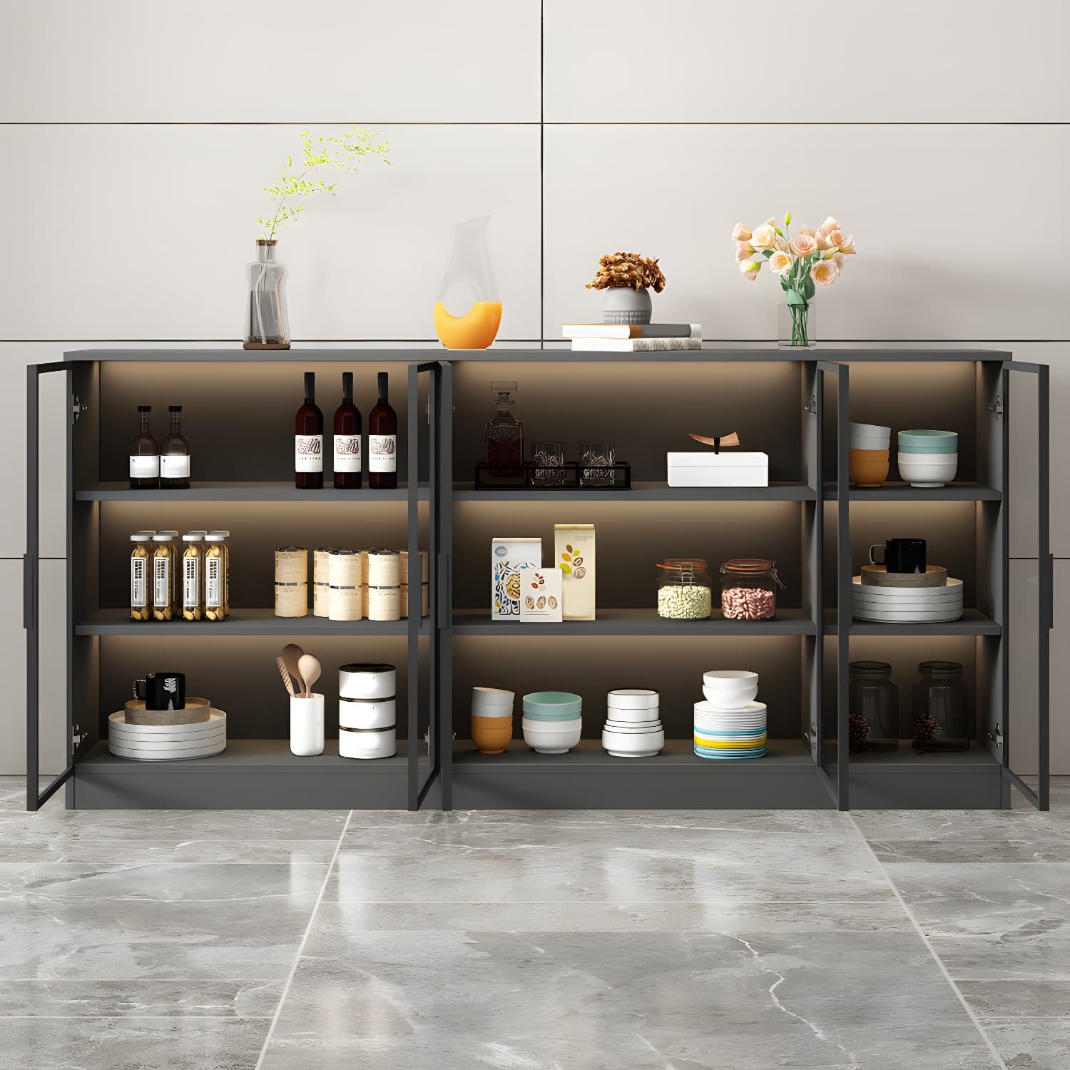 Black Modern Wood Sideboard Credenza with Glass Doors and Interior Shelves