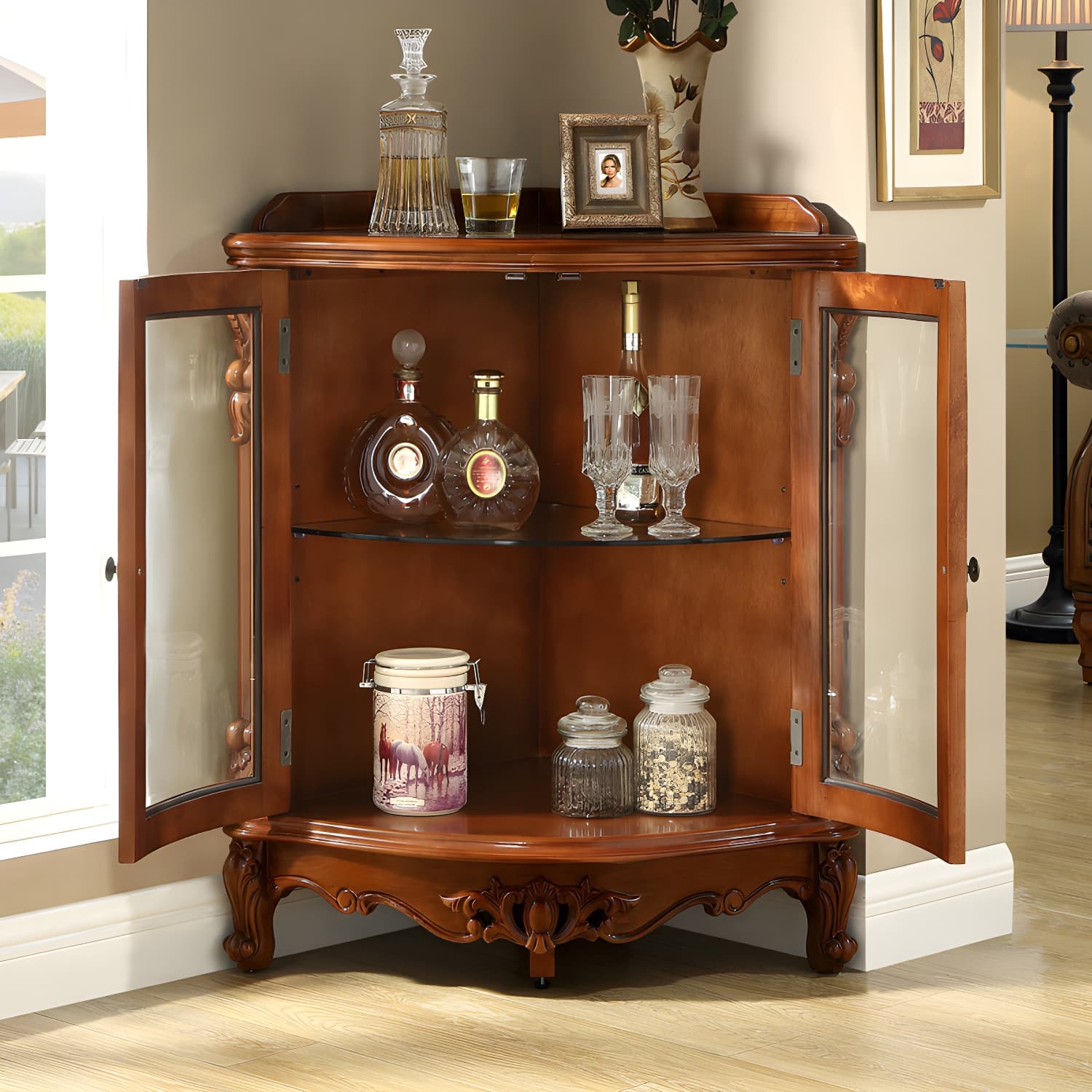 Corner Mid-Century Modern Accent Cabinet with Wood Counter Top and 3 Shelves thumbnail 7