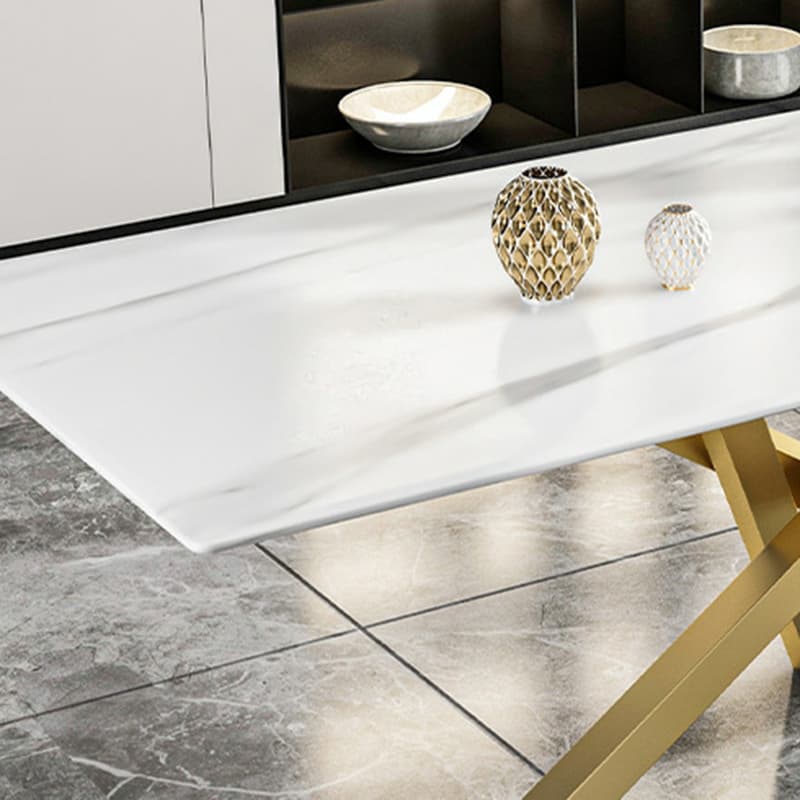 Art Deco Standard Table Height Rectangle Fixed Marble Top/Wood Dining Table with Golden Base for 8/4 People/6 People thumbnail 7