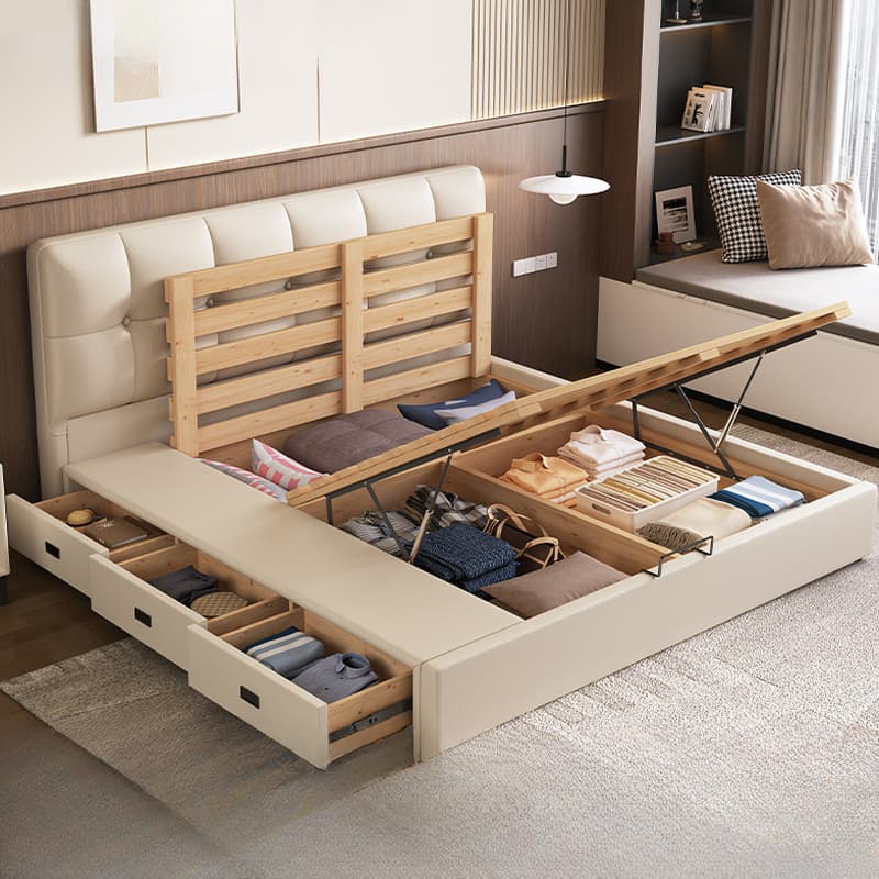 Cream Solid Color Stitch-tufted Storage Platform Bed/Storage Panel Bed with Sponge Filling Headboard Panel, 3 Storage Boxes Included/Not Included thumbnail 2