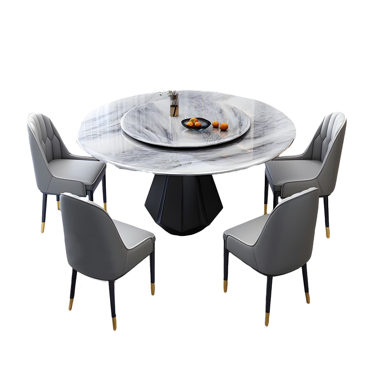 Modern Round Marble Dining Table Set with Black Metal Base in Beige thumbnail 1