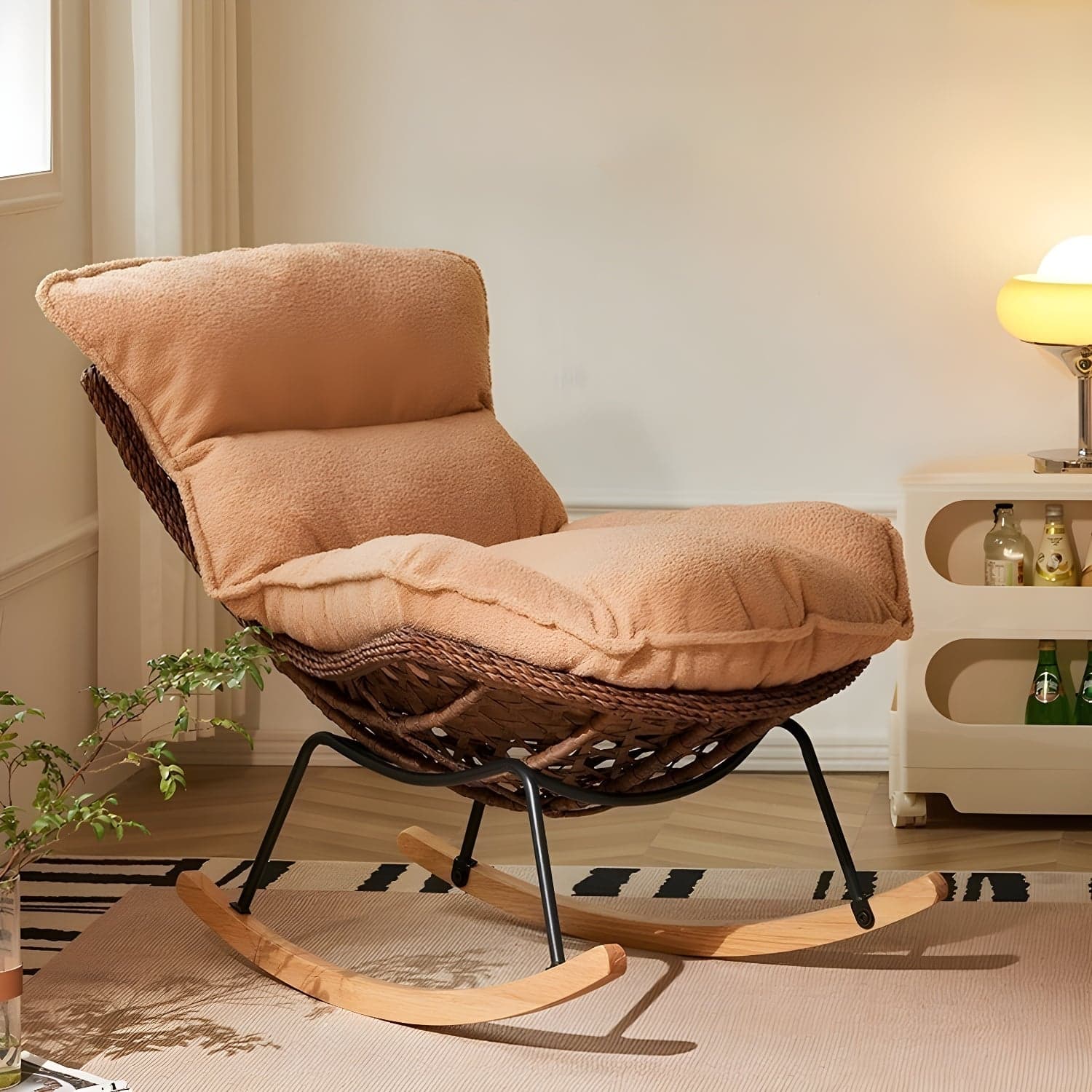 Traditional Armless Design Indoor Rocking Chair with rattan Frame and Nature Wood Legs thumbnail 2