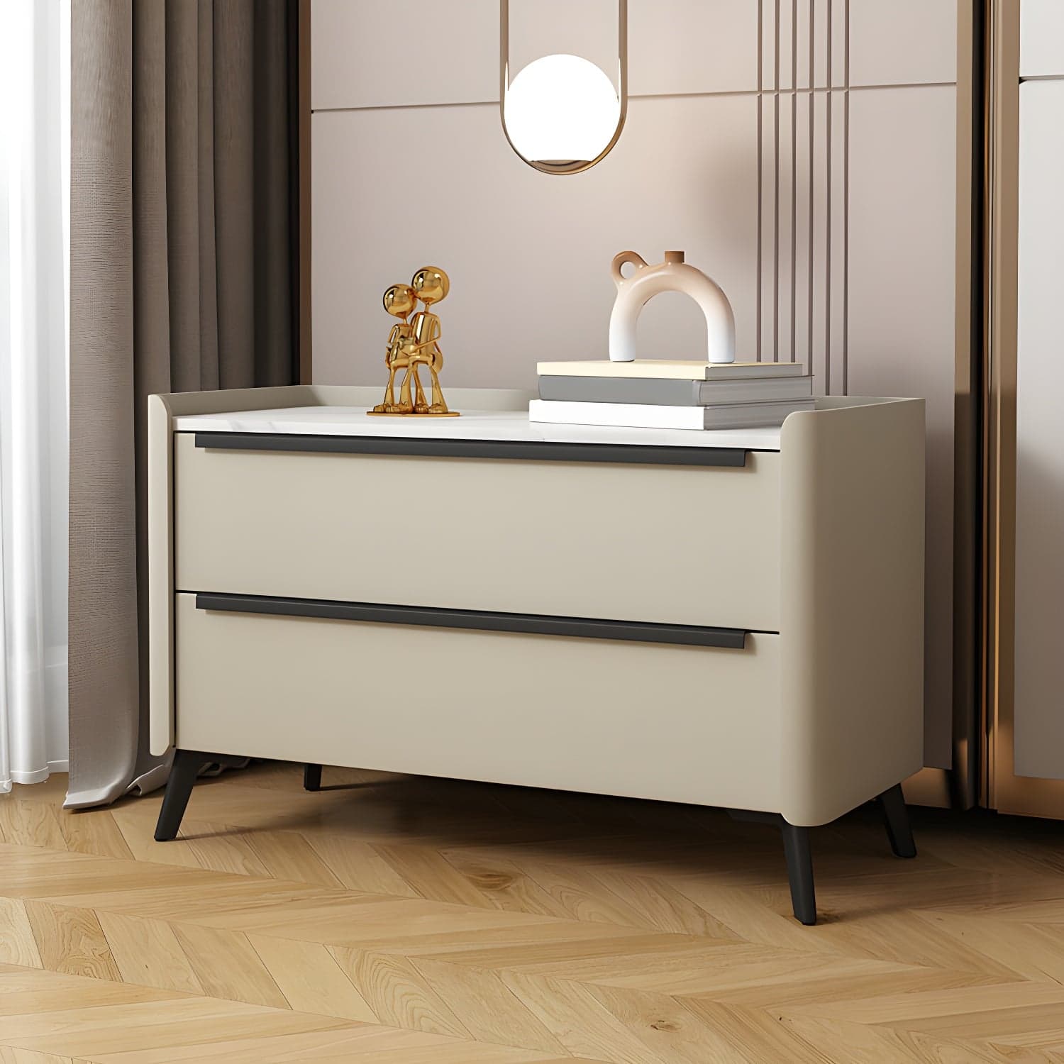 Modern Faux Leather Top Nightstand with Two Drawers and Stone Countertop thumbnail 1