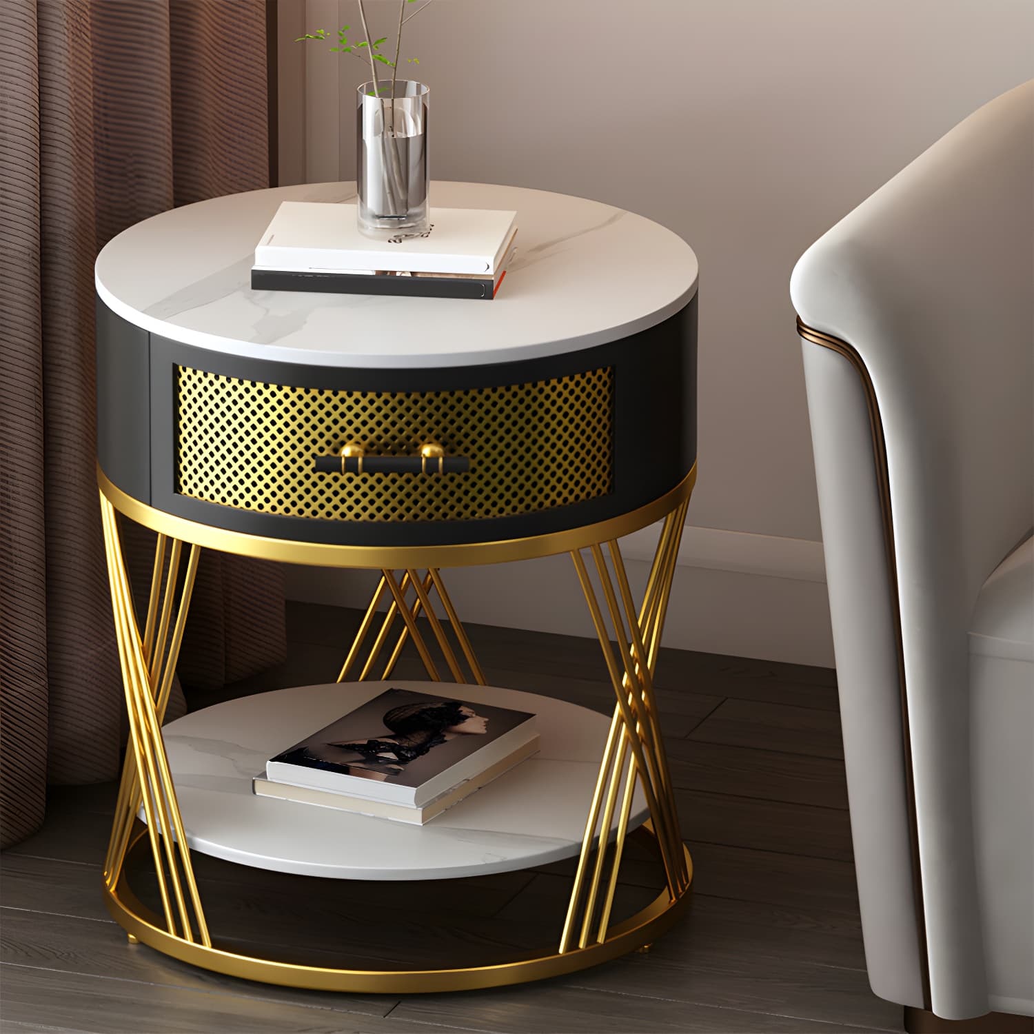 Glam Stone Top Night Table Open Storage 1-Drawer Metal Legs Included Nightstand thumbnail 14