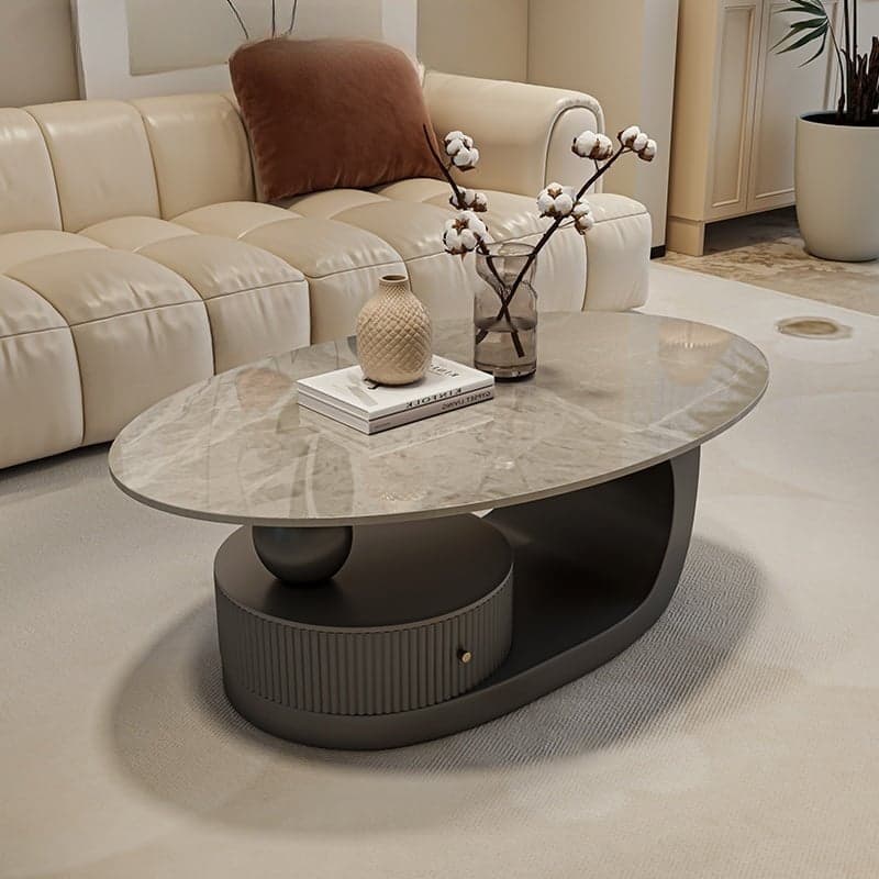 Modern Oval Stone Top Coffee Table, Abstract Iron Base, Scratch Resistant thumbnail 2